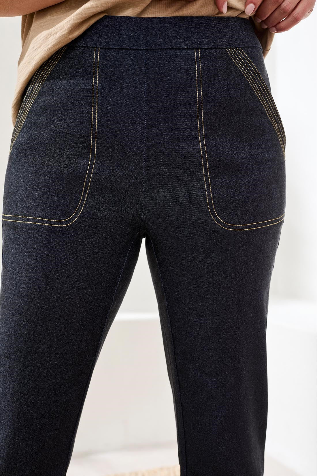 Denim Look Contrast Stitching Bengaline Kick Flare Capri-Jet blue - Image 3
