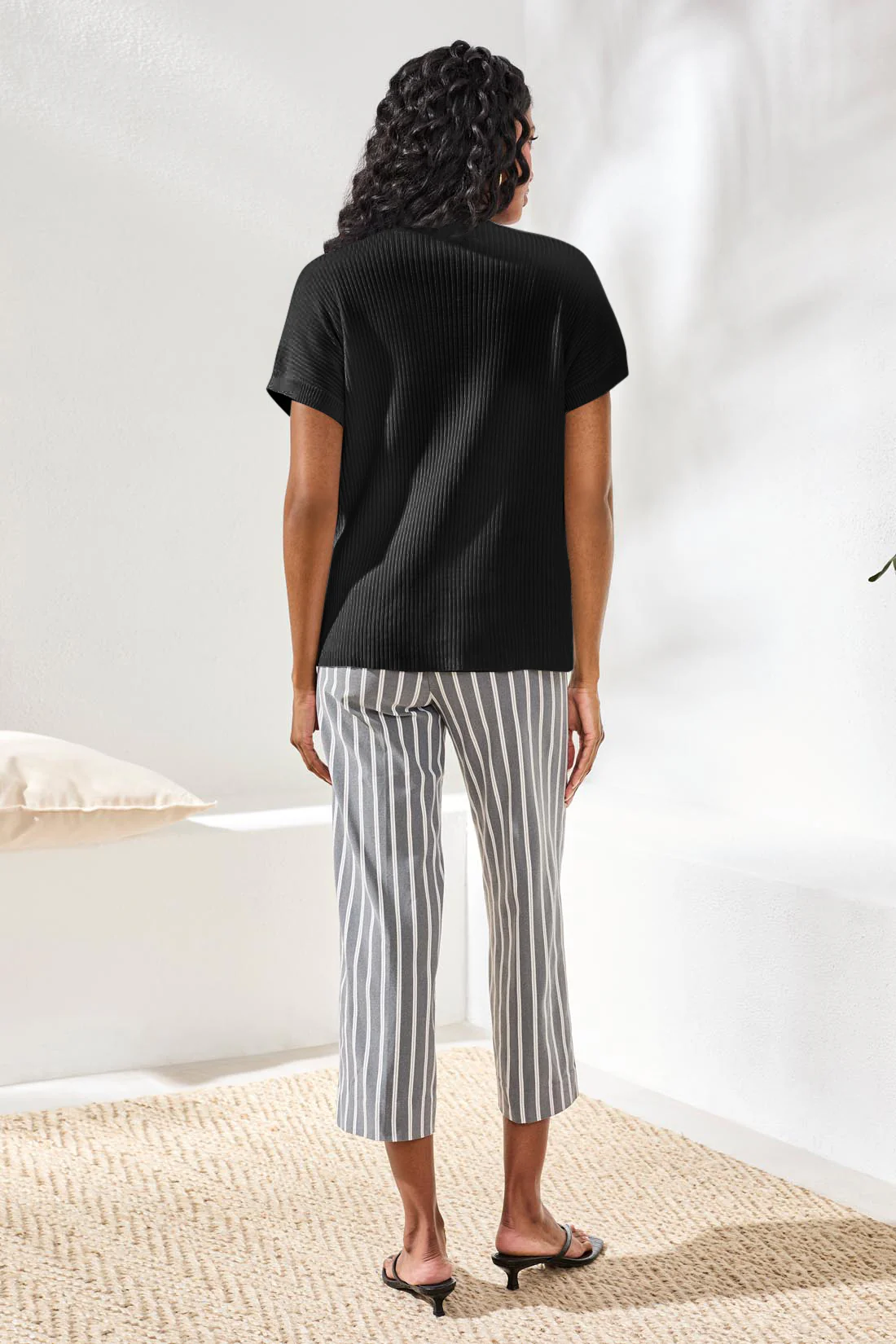 Dolman Short Sleeve Ribbed Knit Top With Pocket-Black - Image 2