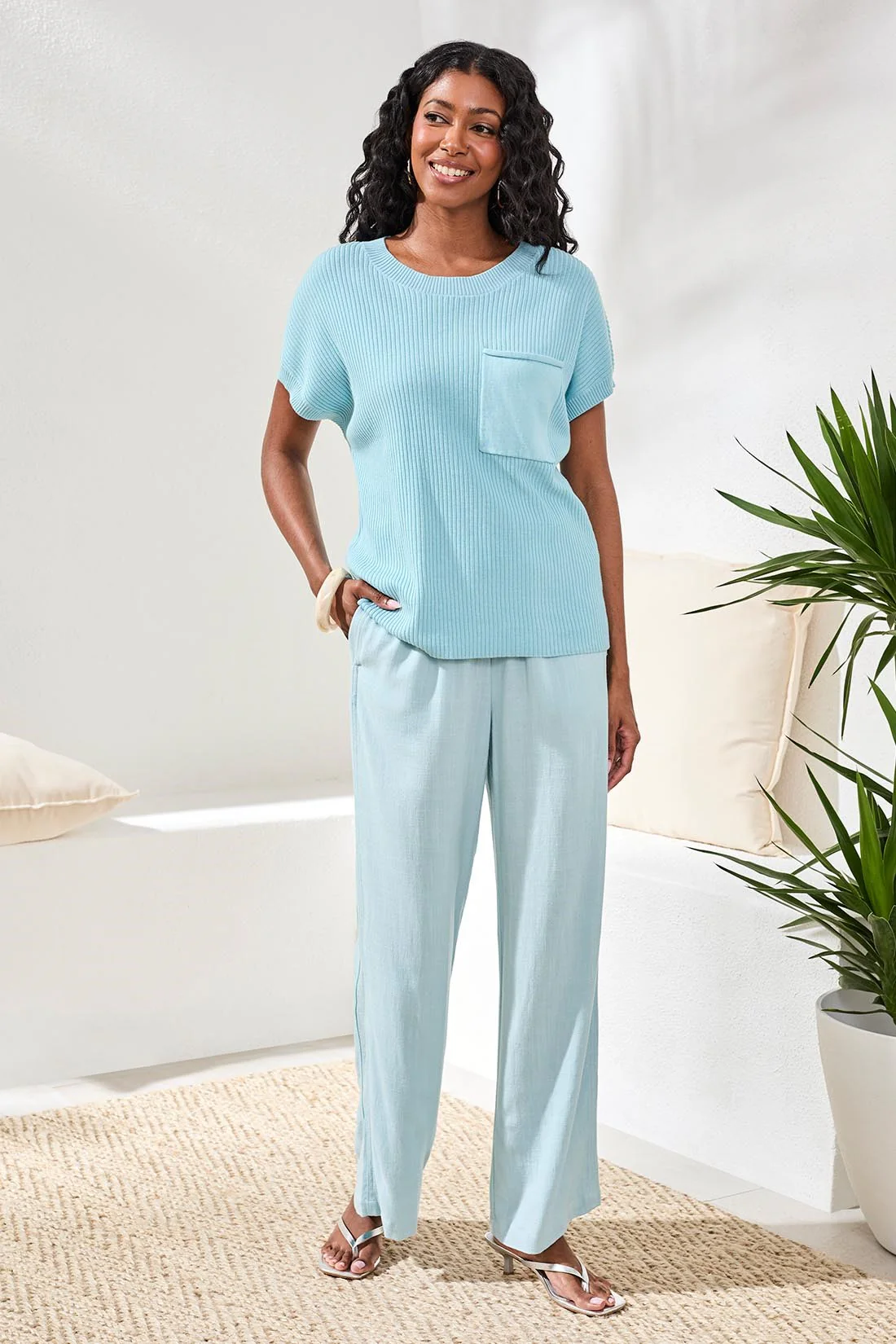 Dolman Short Sleeve Ribbed Knit Top With Pocket-Ltaquasky