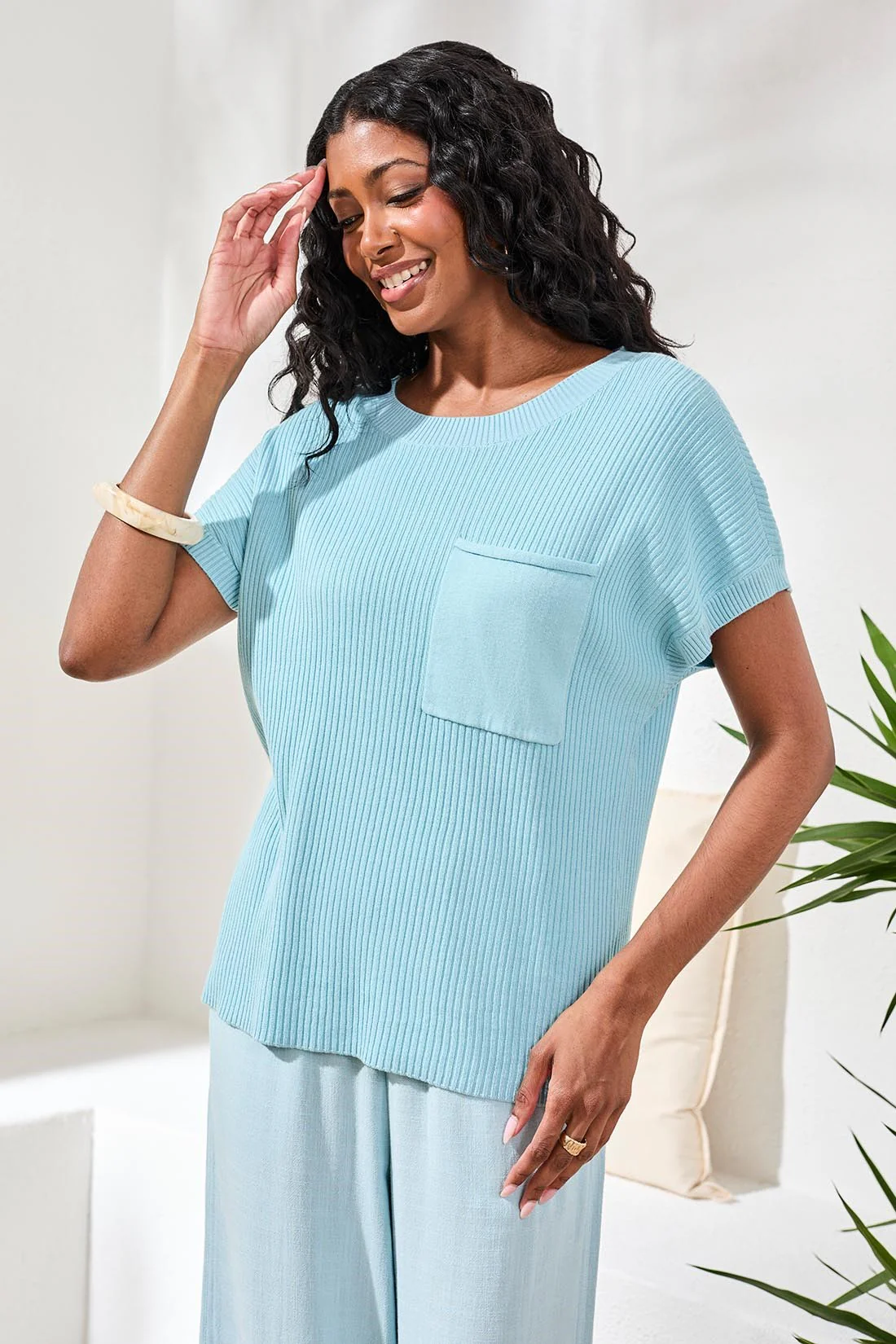 Dolman Short Sleeve Ribbed Knit Top With Pocket-Ltaquasky - Image 2