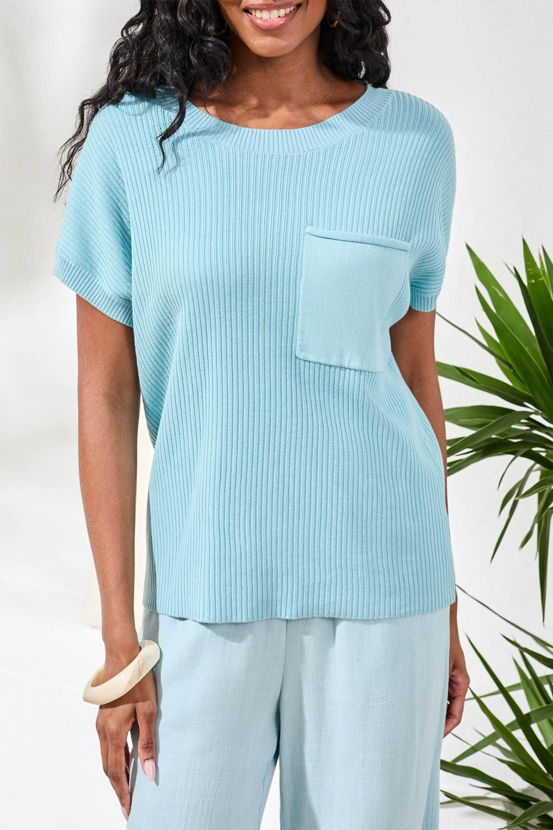 Dolman Short Sleeve Ribbed Knit Top With Pocket-Ltaquasky - Image 3