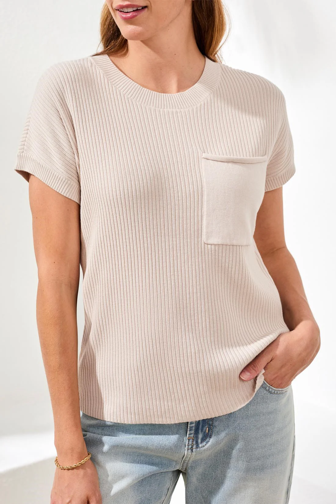 Dolman Short Sleeve Ribbed Knit Top With Pocket-Quartz - Image 2