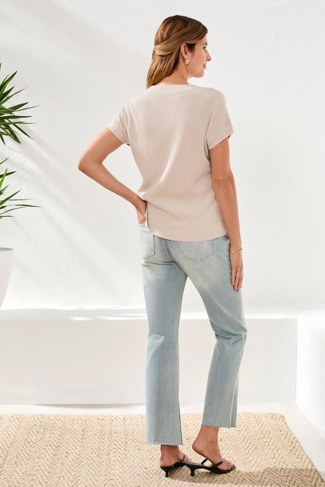 Dolman Short Sleeve Ribbed Knit Top With Pocket-Quartz - Image 4