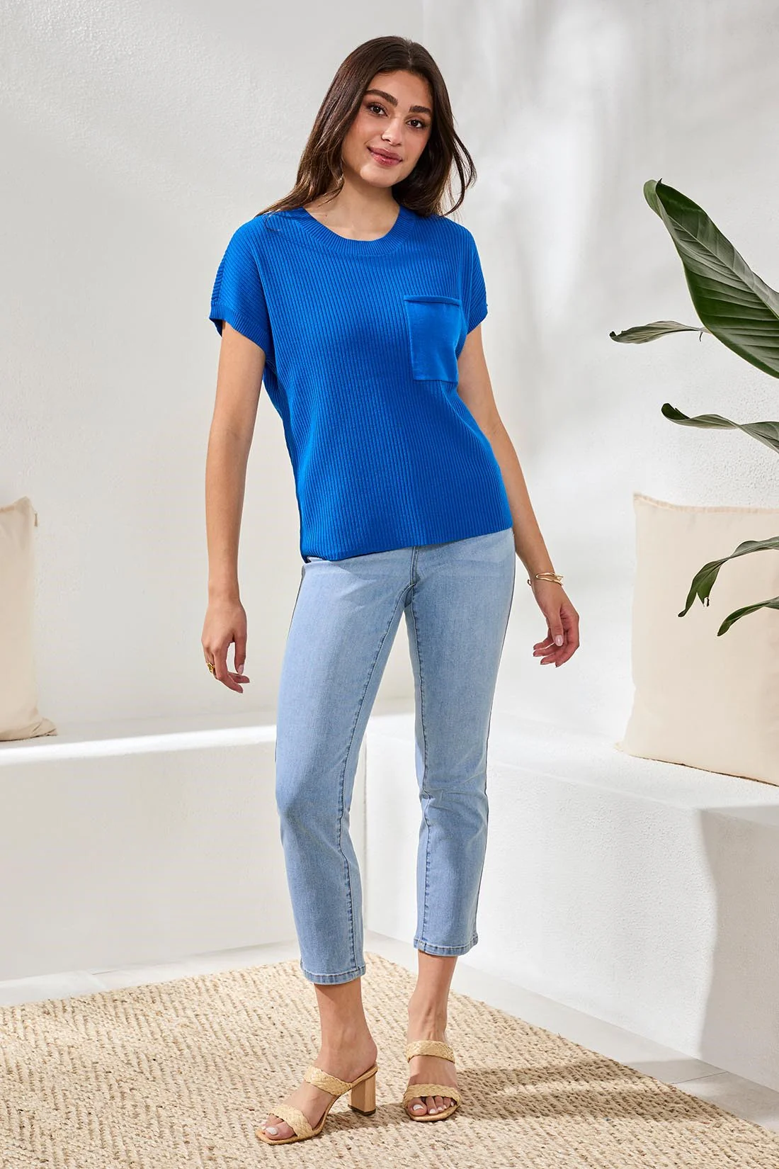 Dolman Short Sleeve Ribbed Knit Top With Pocket-Turkishsea