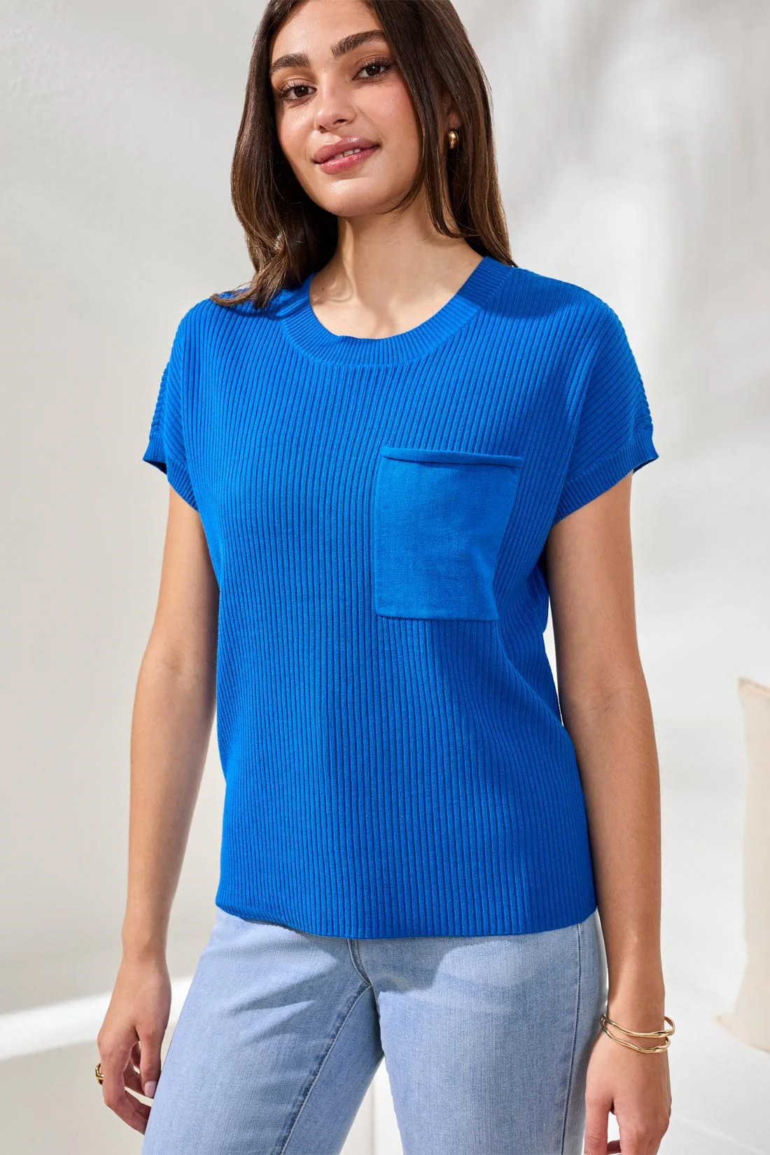 Dolman Short Sleeve Ribbed Knit Top With Pocket-Turkishsea - Image 2
