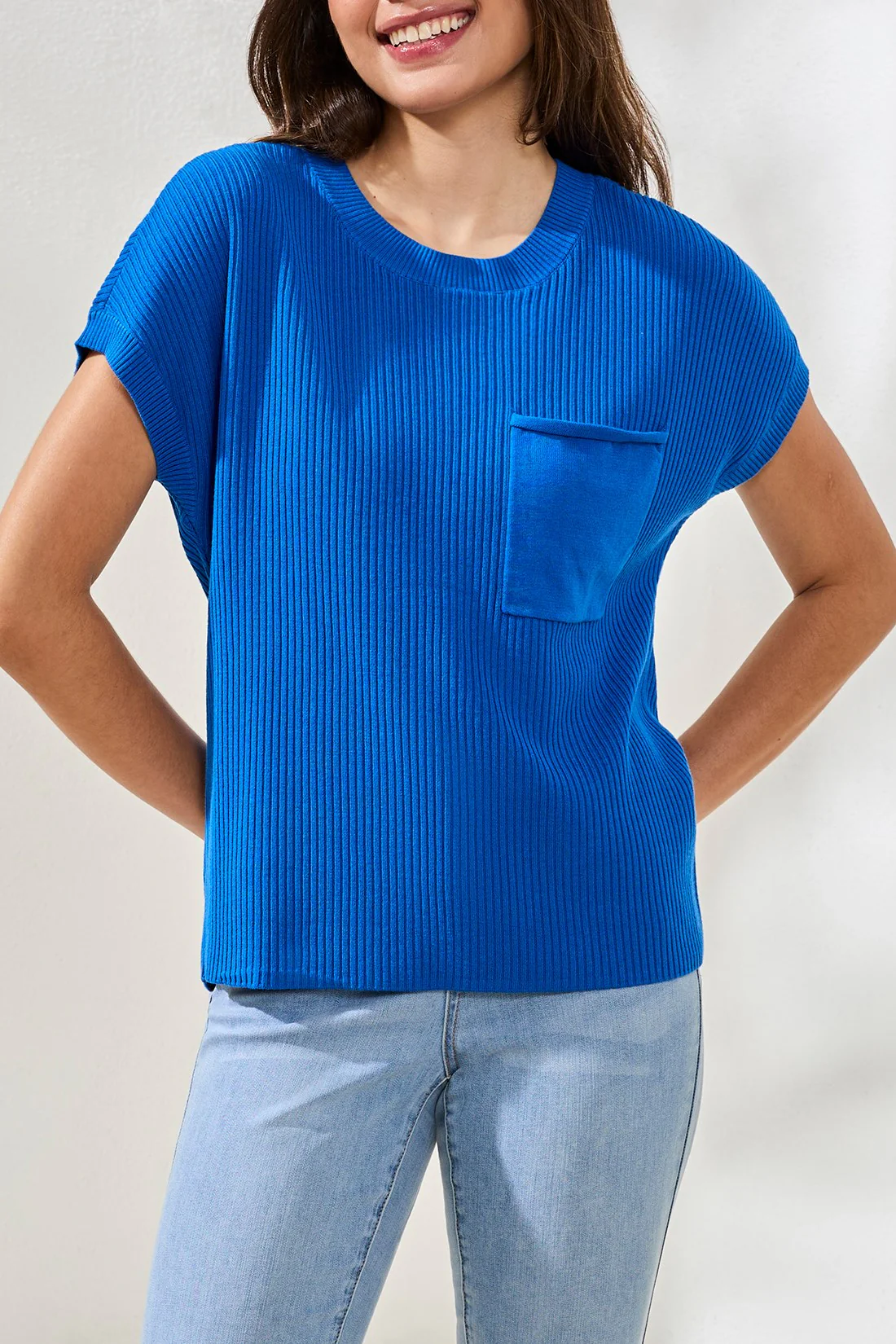 Dolman Short Sleeve Ribbed Knit Top With Pocket-Turkishsea - Image 3