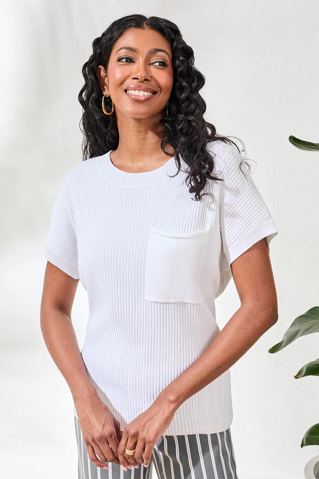 Dolman Short Sleeve Ribbed Knit Top With Pocket-White