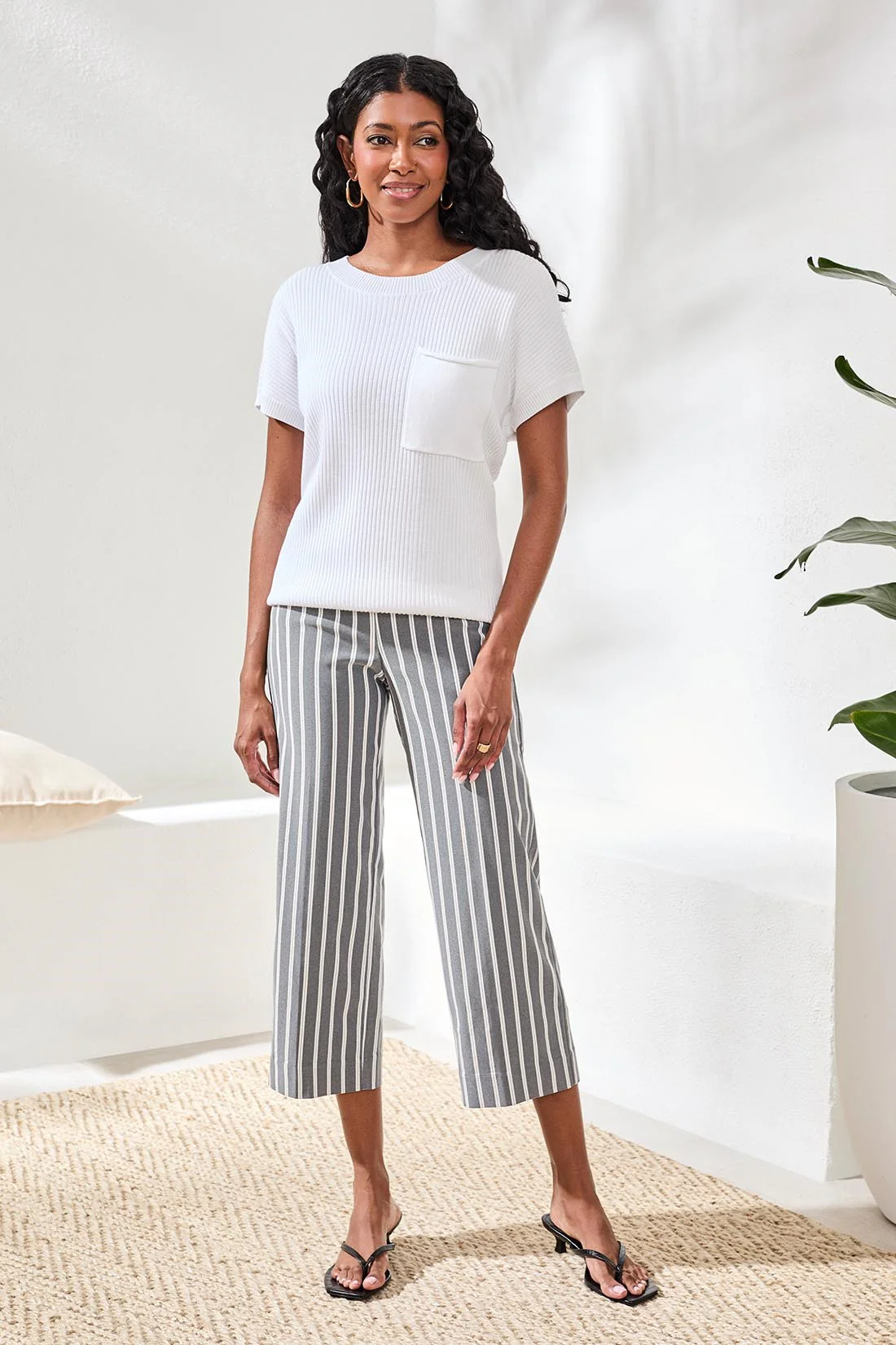 Dolman Short Sleeve Ribbed Knit Top With Pocket-White - Image 2