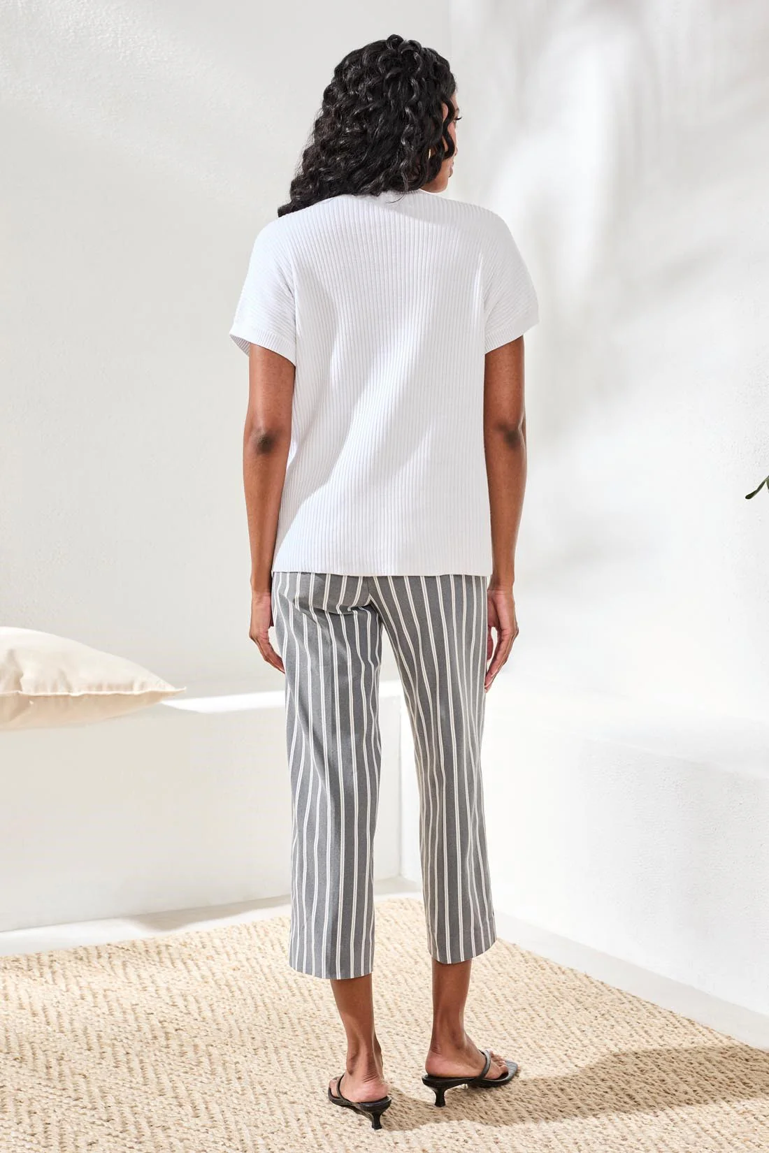 Dolman Short Sleeve Ribbed Knit Top With Pocket-White - Image 4