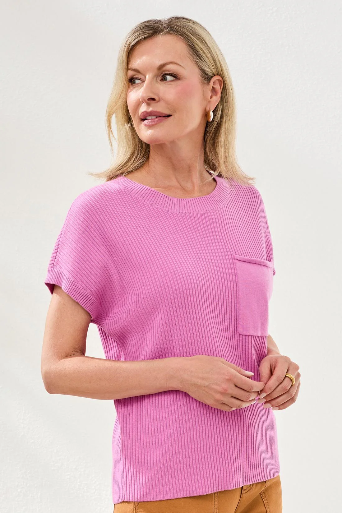 Dolman Short Sleeve Ribbed Knit Top With Pocket-Wisteria - Image 3
