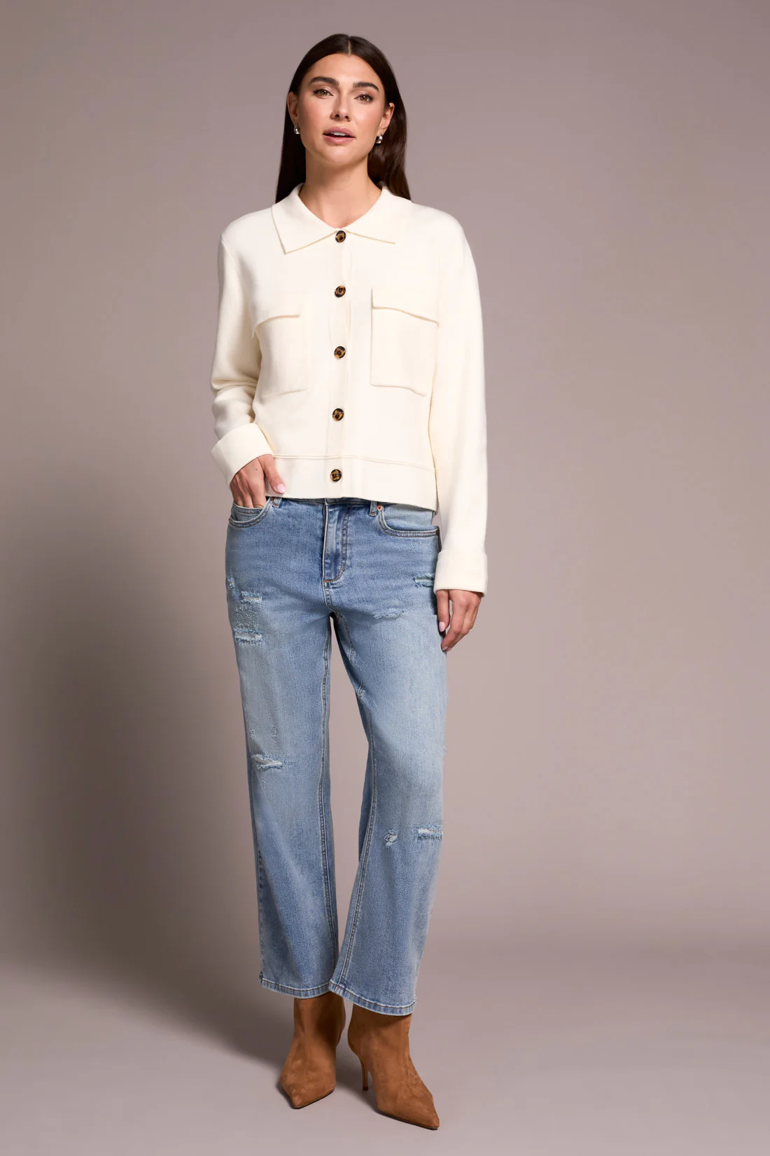 Double Knit Collared Sweater Cardigan-Moonstone