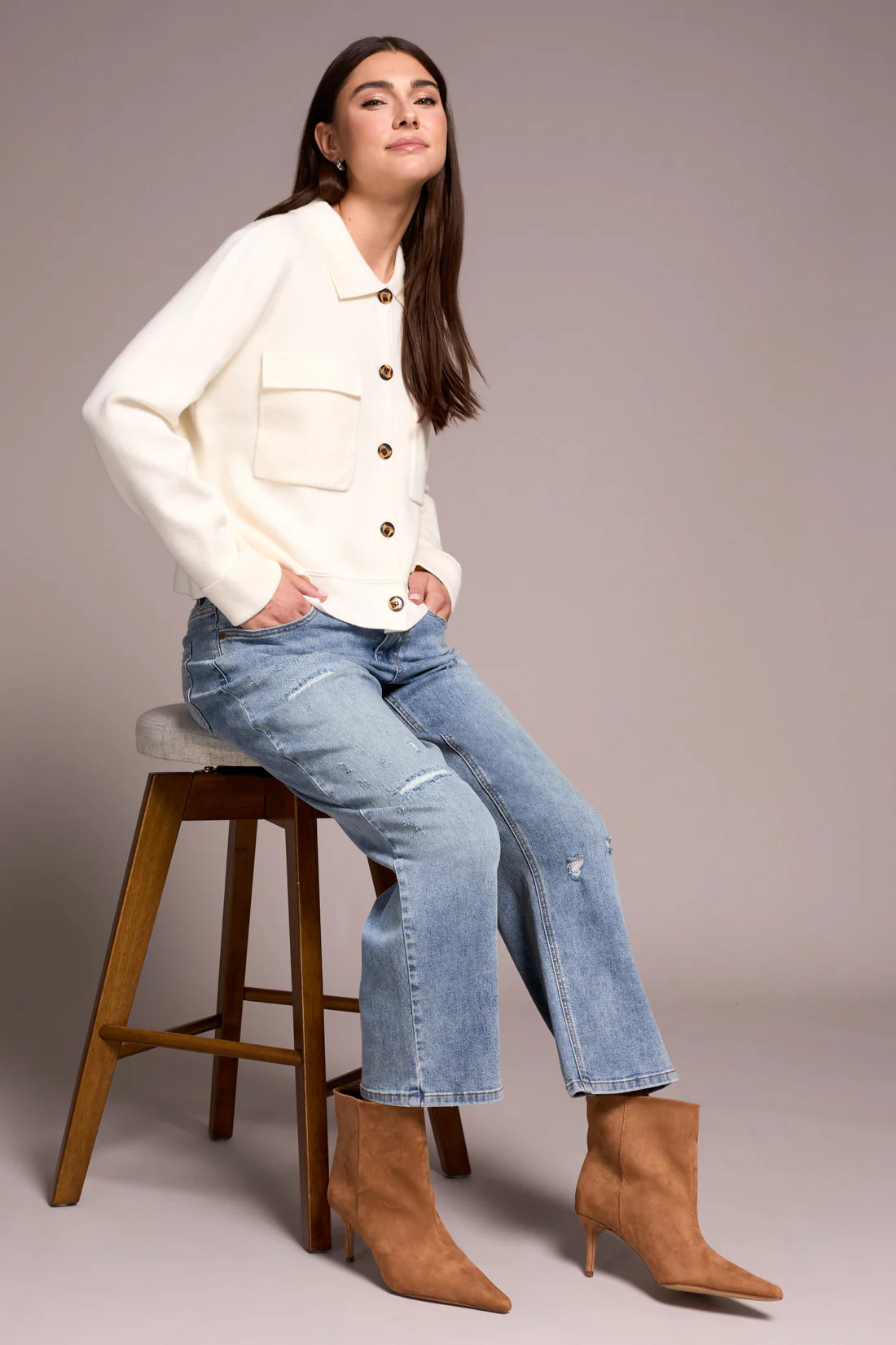 Double Knit Collared Sweater Cardigan-Moonstone - Image 3