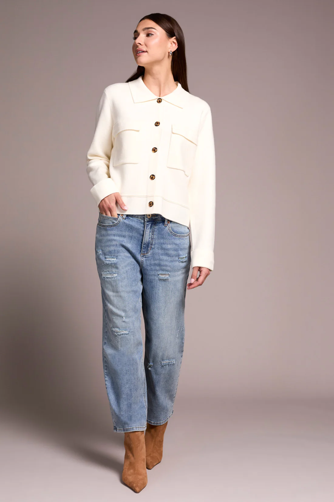 Double Knit Collared Sweater Cardigan-Moonstone - Image 4