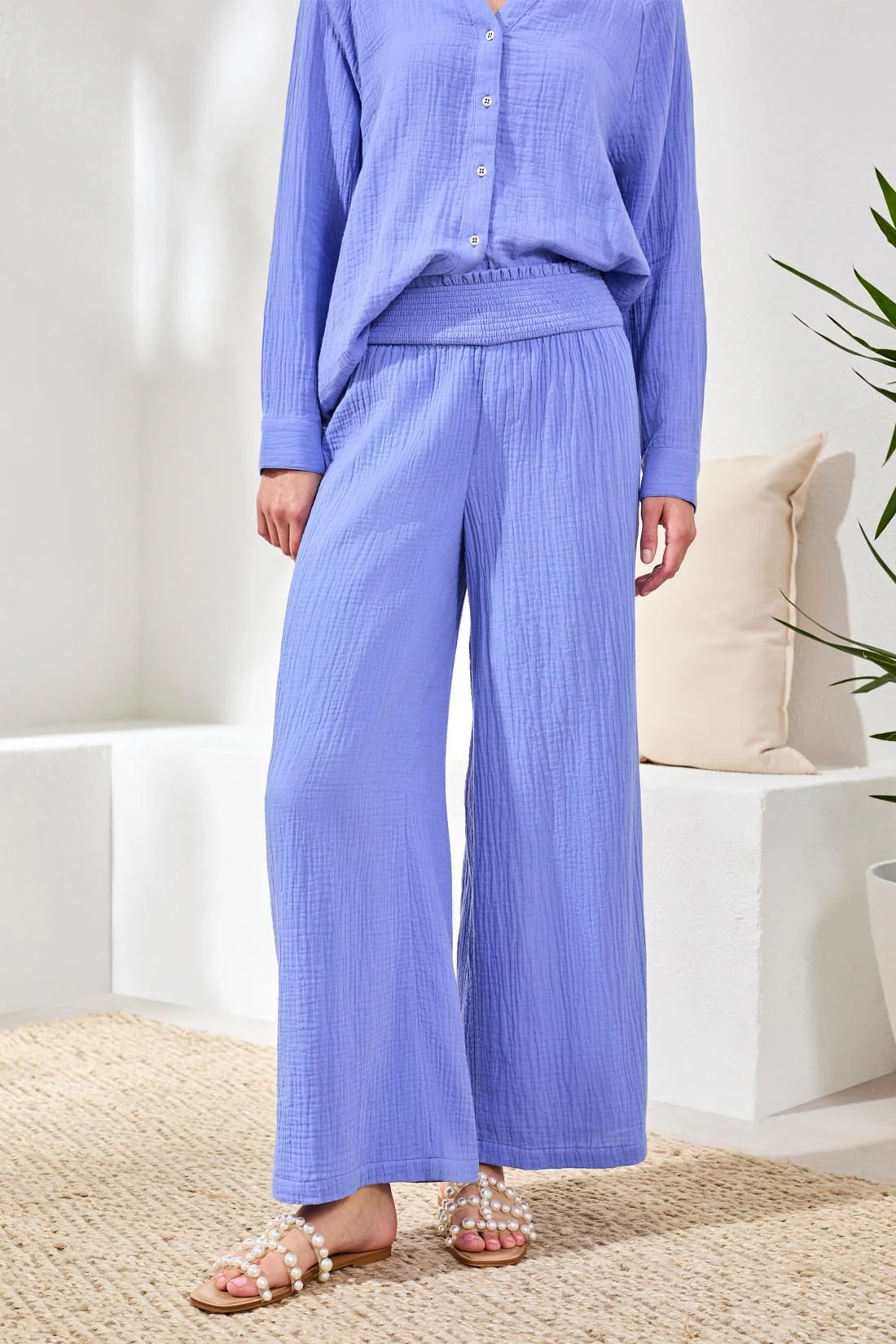 Crinkle Gauze Elastic Waist Flowy Pants-Baja blue - Image 2