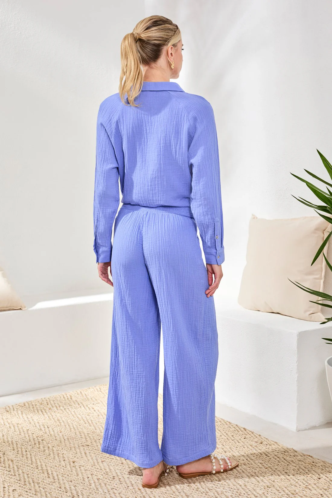Crinkle Gauze Elastic Waist Flowy Pants-Baja blue - Image 4