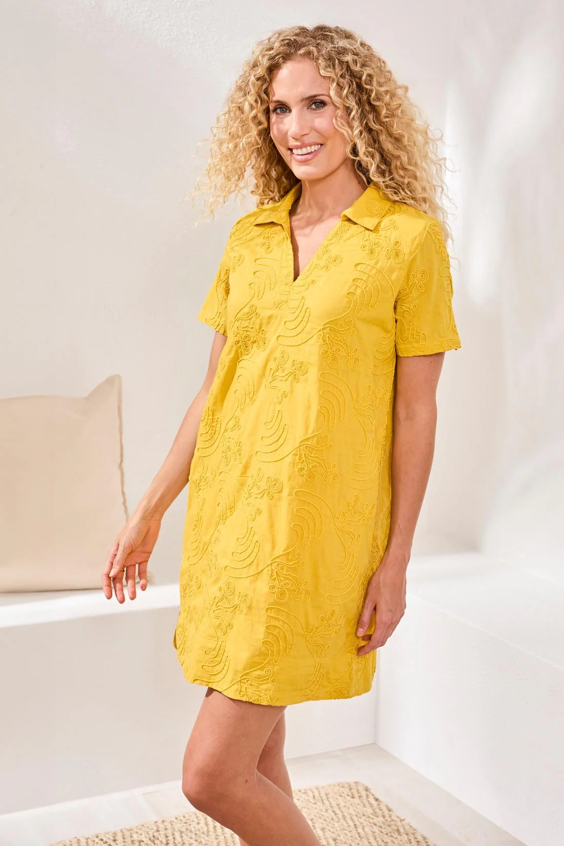 Textured Cotton Short Sleeve V-Neck Tunic Dress-Lemon - Image 4