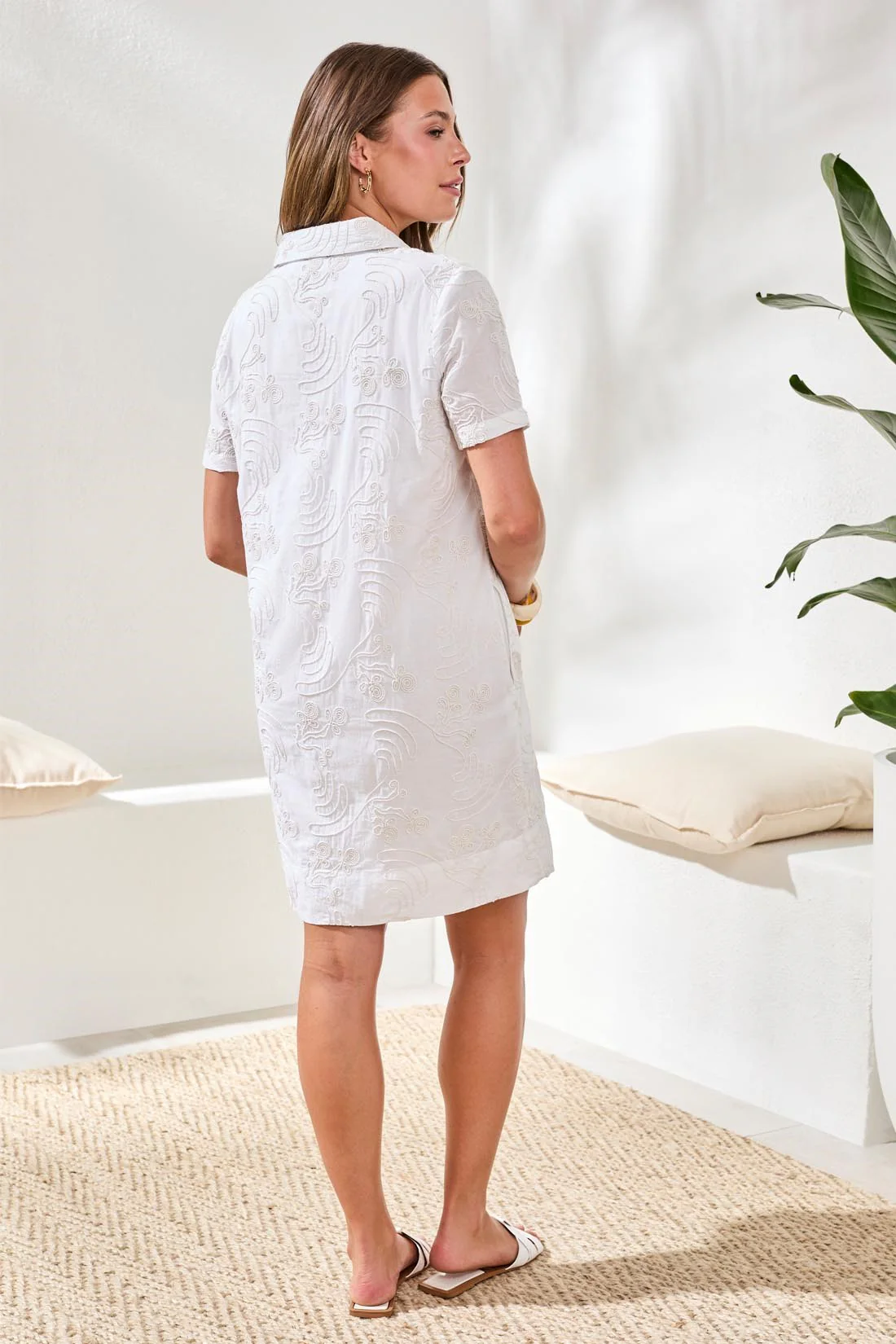 Texture Cotton Short Sleeve V-Neck Tunic Dress-White - Image 4
