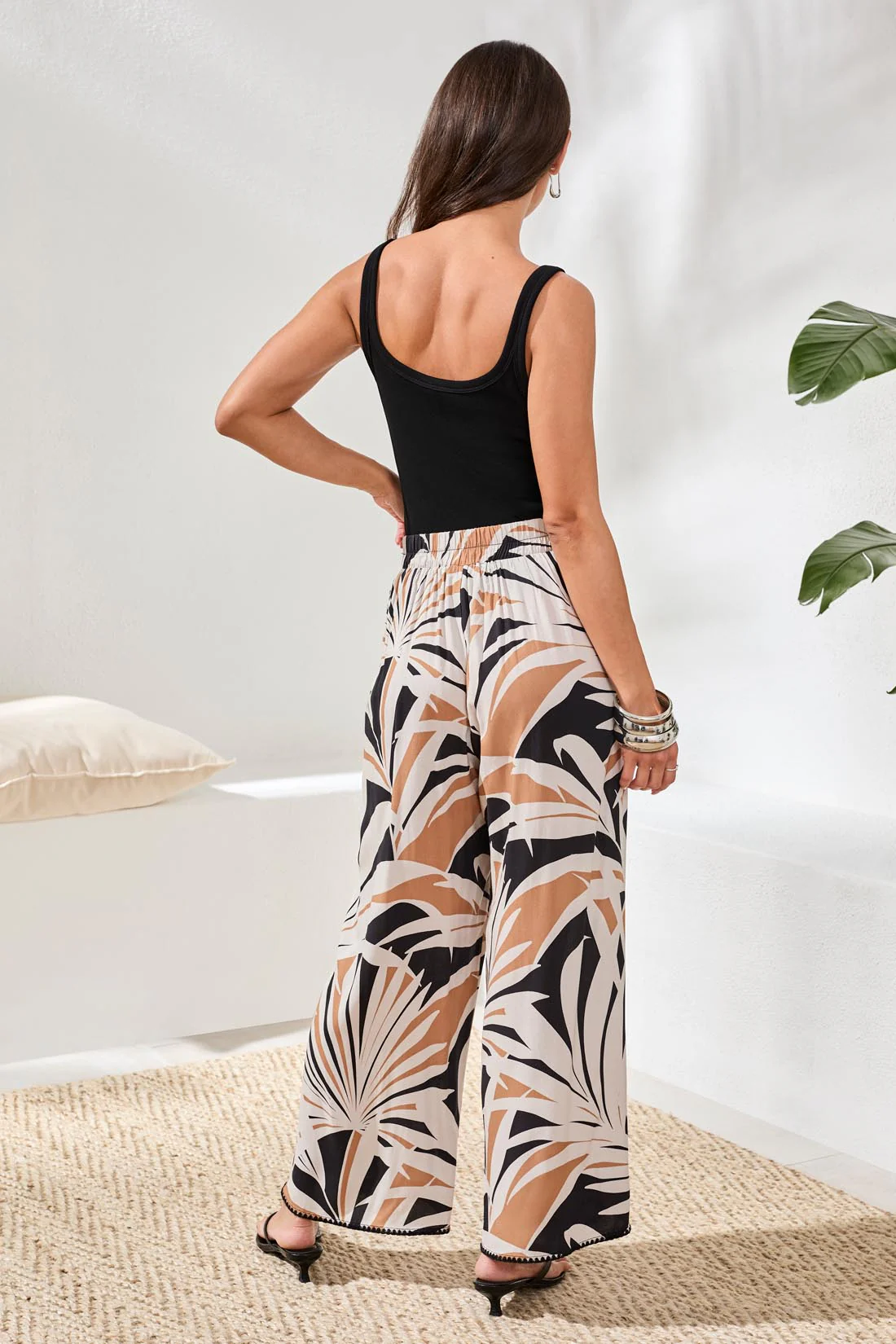 Flowy Wide Leg Pants with Waistband & Pockets-Chestnut - Image 4