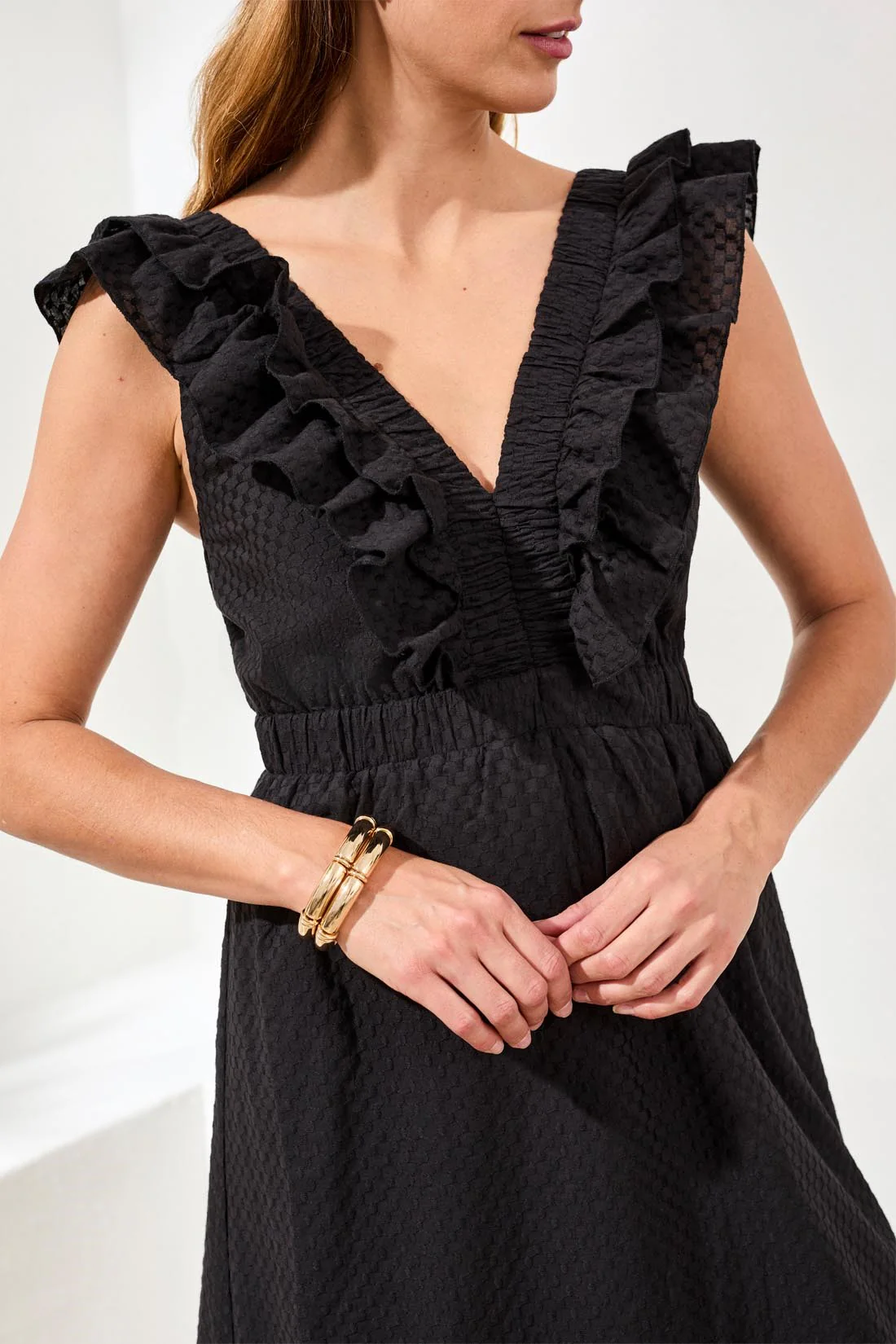Embroidered Cotton Maxi Dress With Frills & Cutout-Black - Image 3