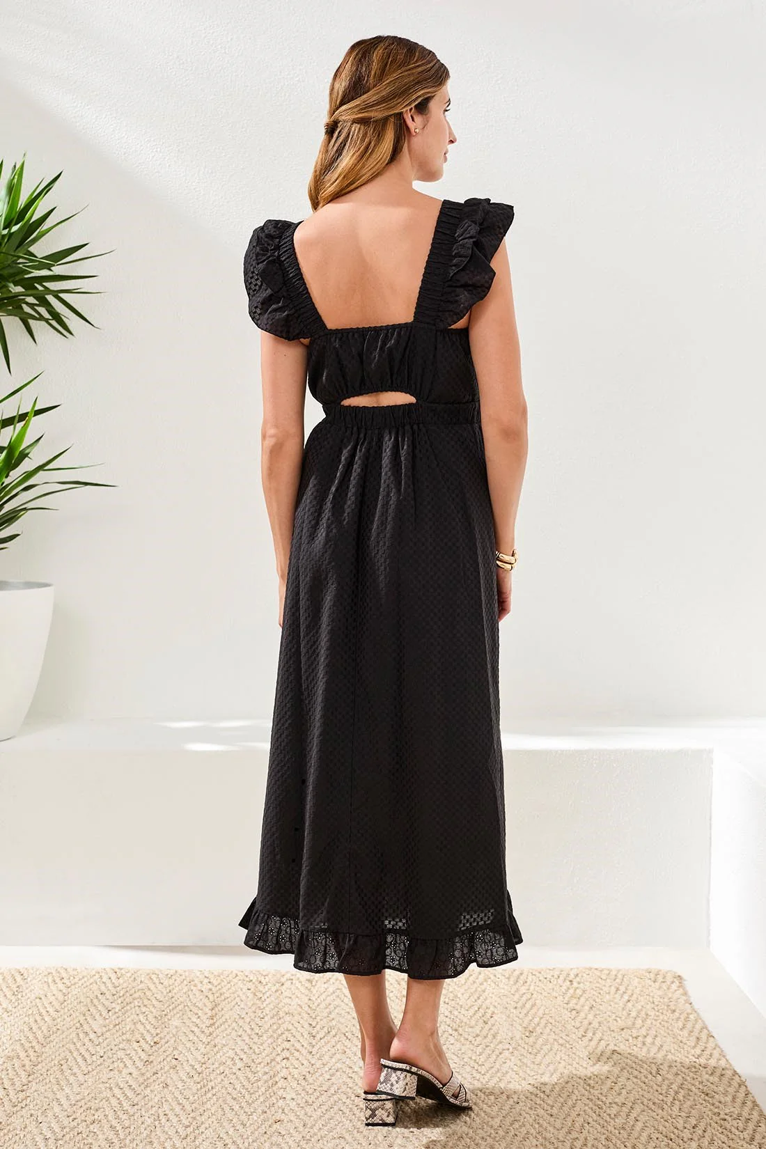 Embroidered Cotton Maxi Dress With Frills & Cutout-Black - Image 4