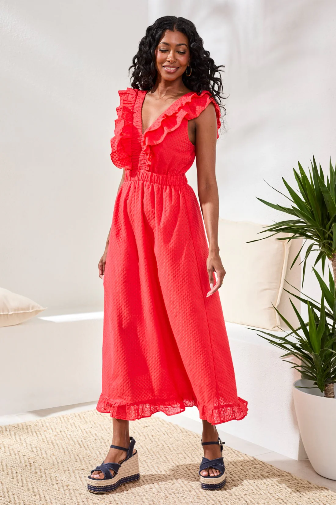 Embroidered Cotton Maxi Dress With Frills & Cutout-Coralred
