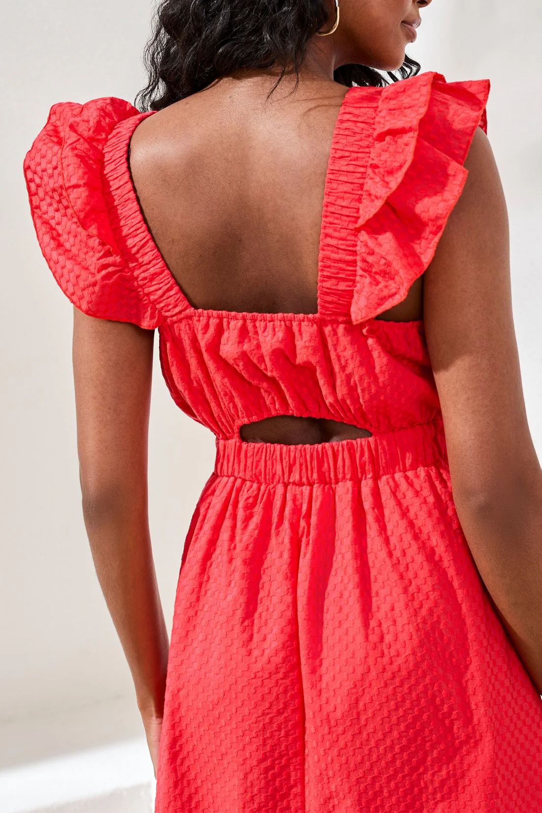 Embroidered Cotton Maxi Dress With Frills & Cutout-Coralred - Image 3