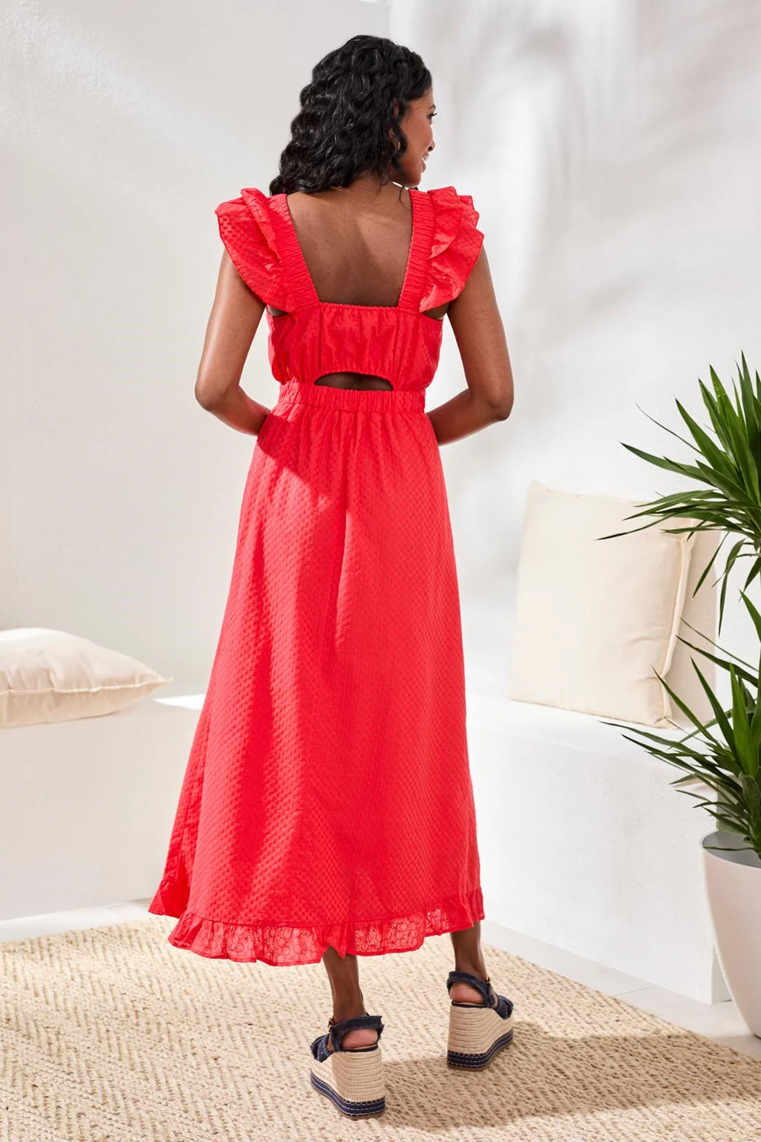 Embroidered Cotton Maxi Dress With Frills & Cutout-Coralred - Image 4