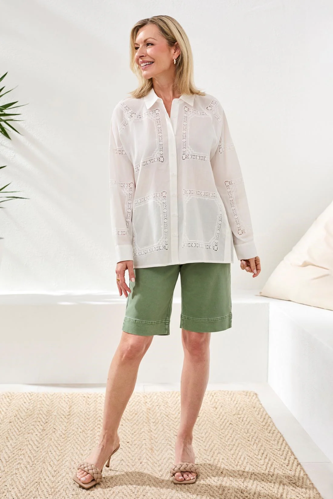 Embroidered Cotton Voile Button Blouse-White - Image 2