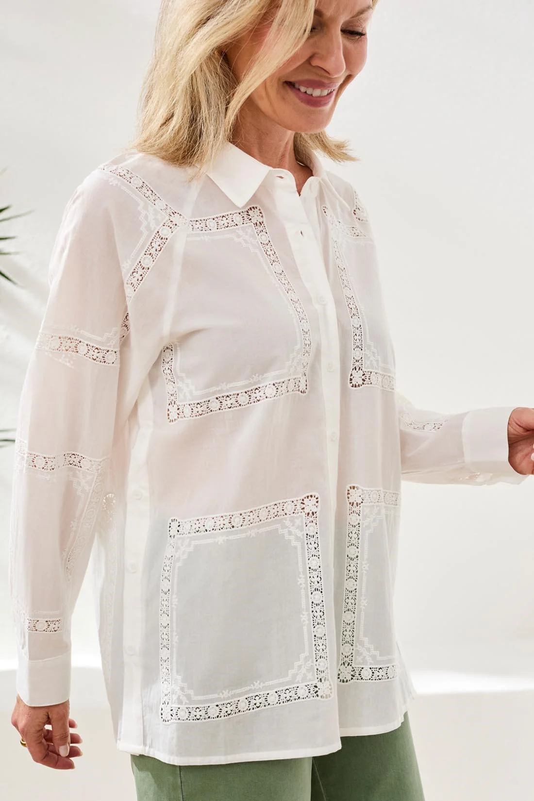 Embroidered Cotton Voile Button Blouse-White - Image 3