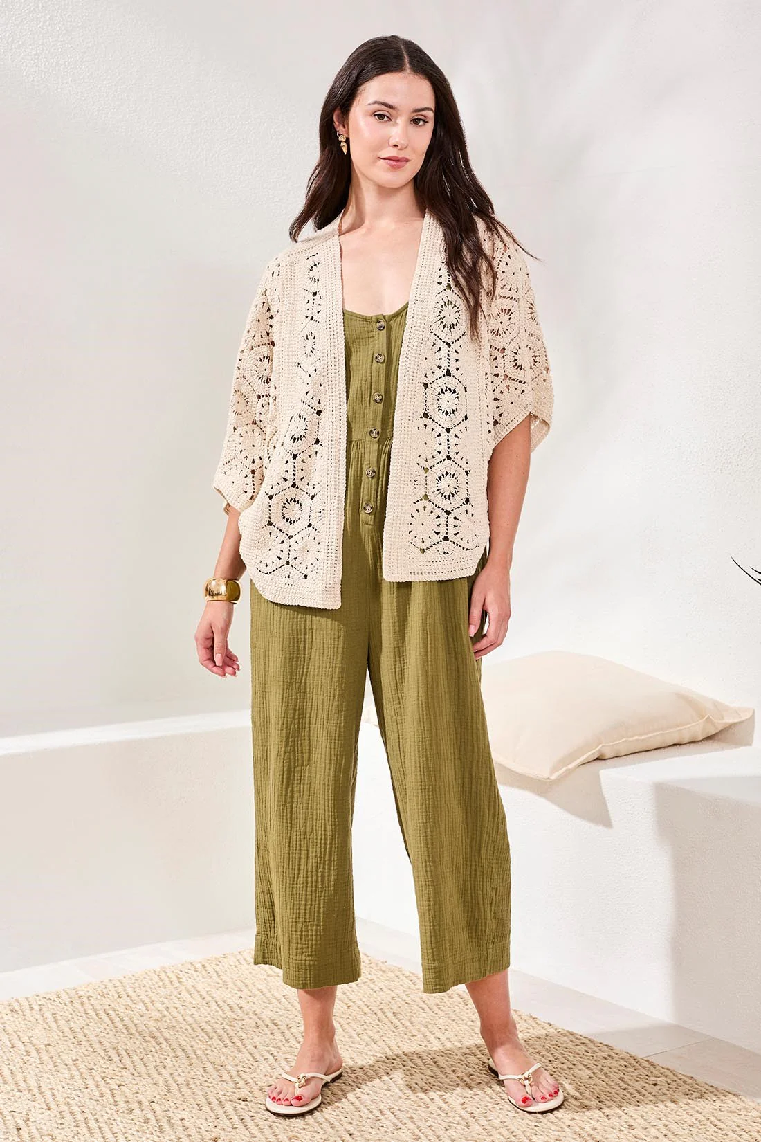 Embroidered Crochet 3/4 Sleeve Cardigan-Natural - Image 2