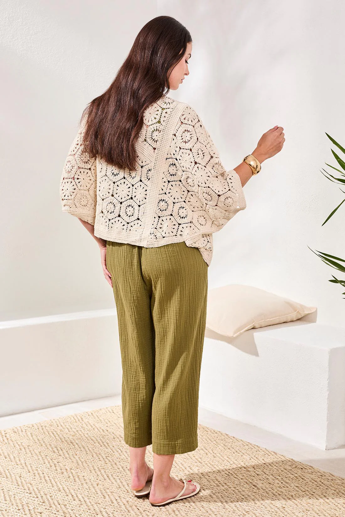 Embroidered Crochet 3/4 Sleeve Cardigan-Natural - Image 4
