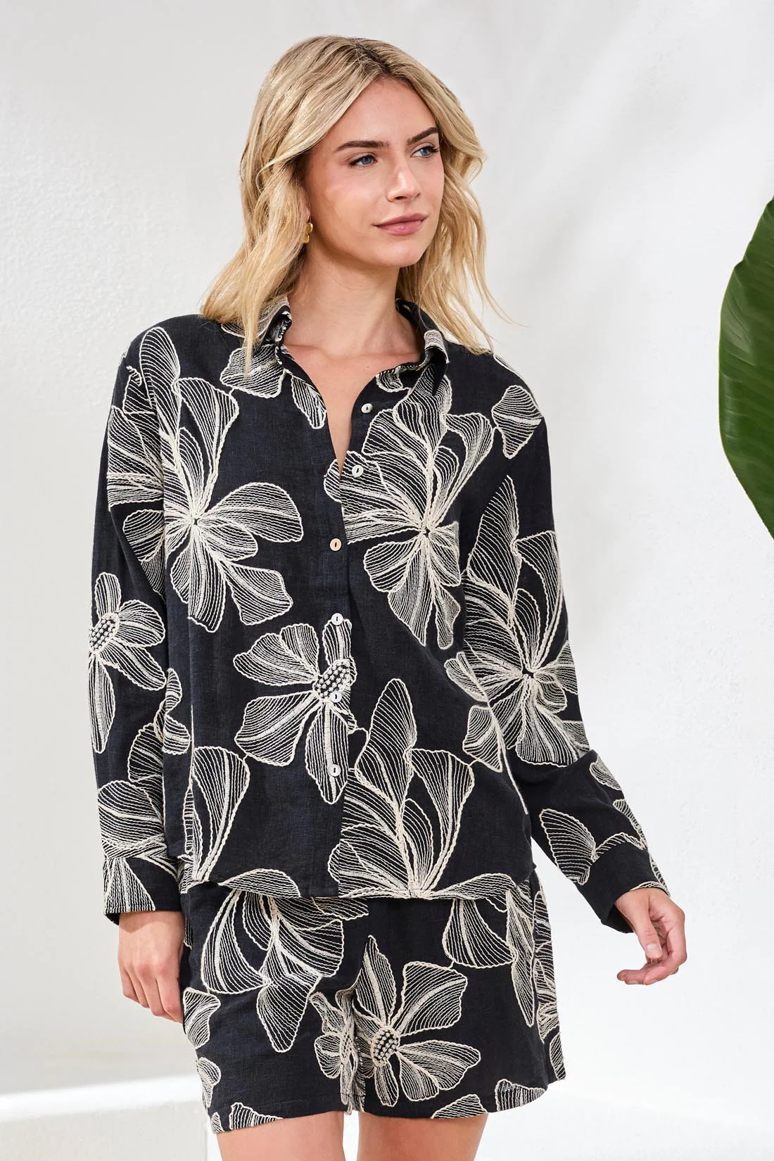 Embroidered Long Sleeve Button‑Front Blouse-Black - Image 2