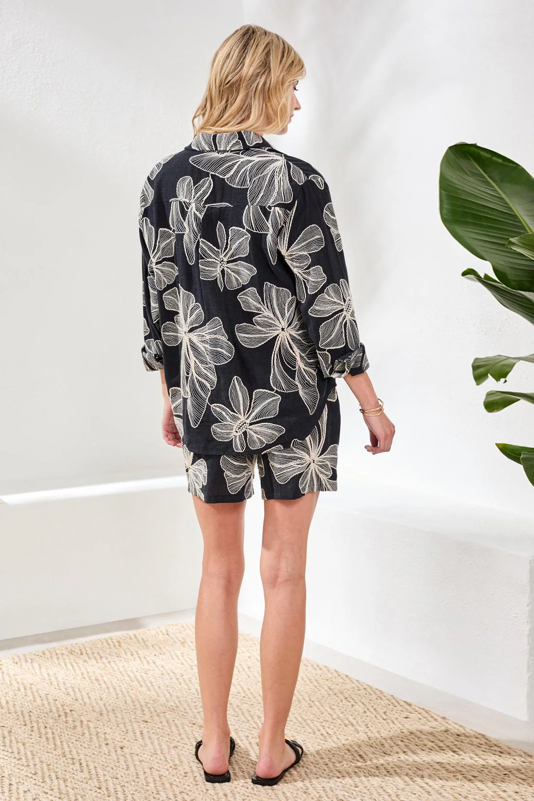 Embroidered Long Sleeve Button‑Front Blouse-Black - Image 4
