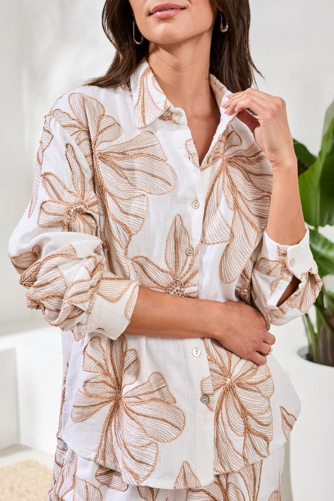 Embroidered Crosshatch Button-Front Blouse-White - Image 4