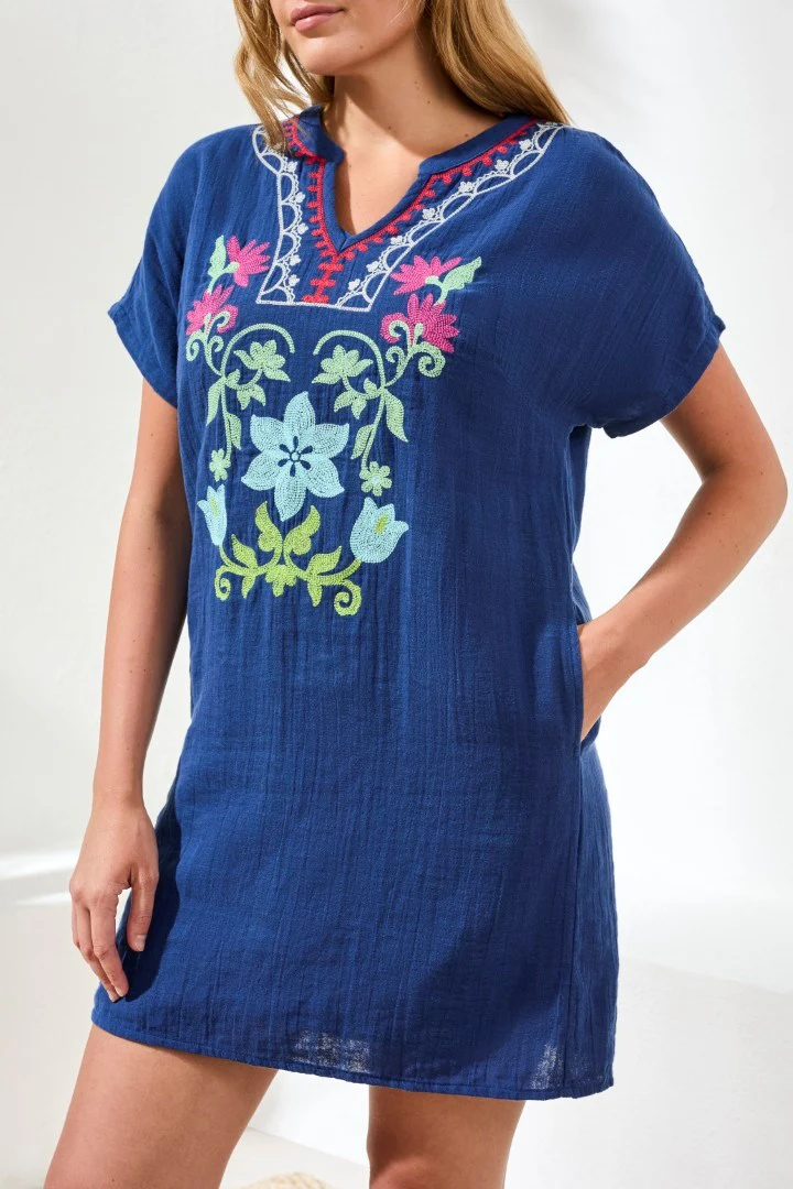 Soft Embroidered Gauze Tunic Dress-Jet blue - Image 2