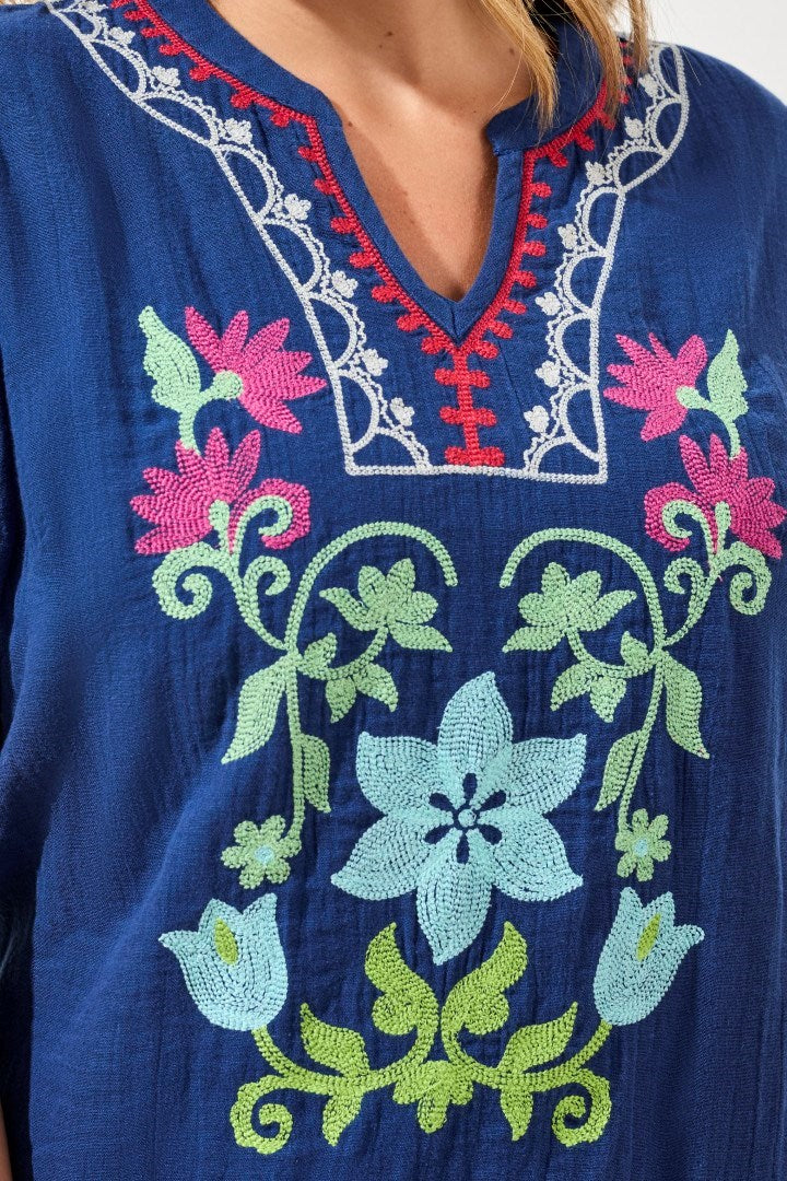 Soft Embroidered Gauze Tunic Dress-Jet blue - Image 3