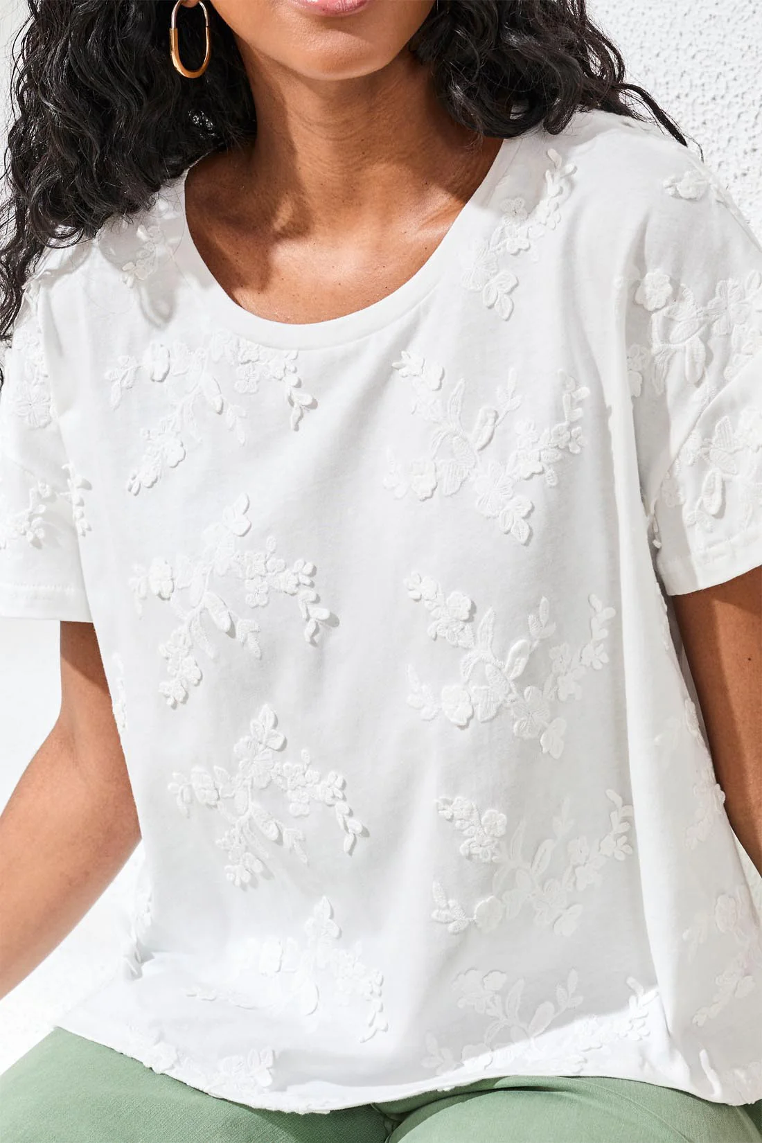 Embroidered Short Sleeve Crew Neck Top-White - Image 2