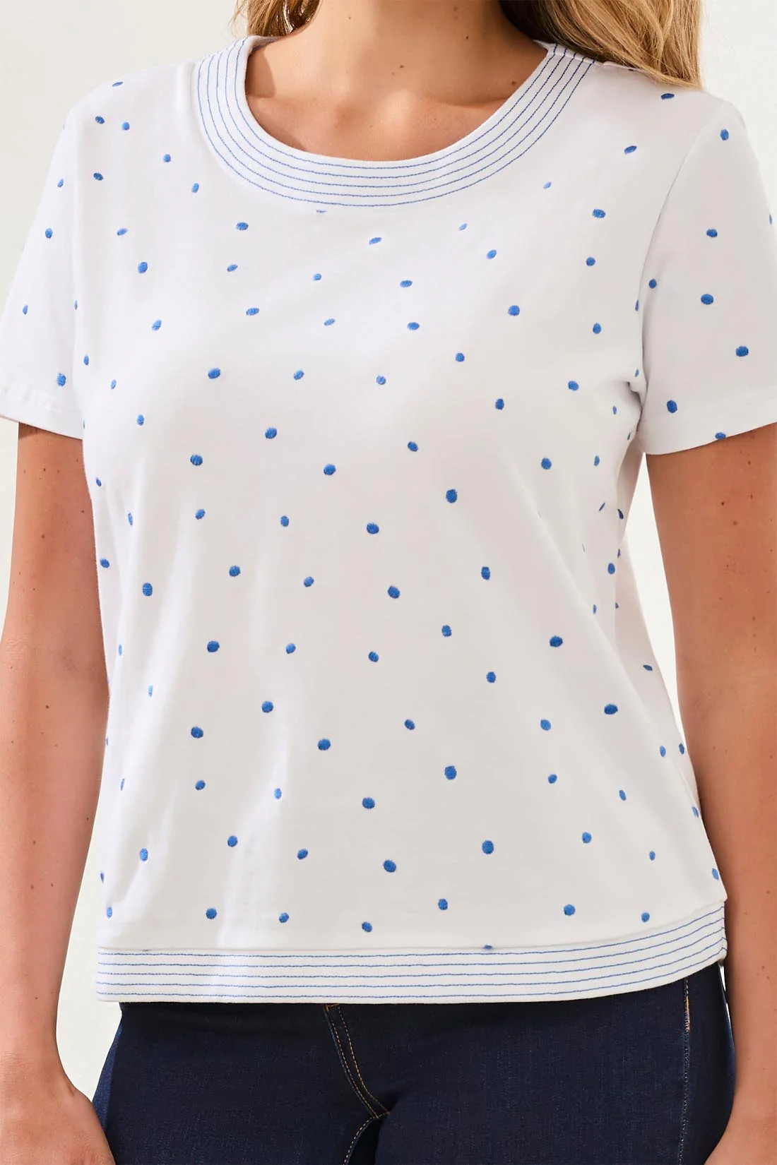 Embroidered Polka Dot Double-Yarn 3/4 Sleeve Knit Top-White - Image 3