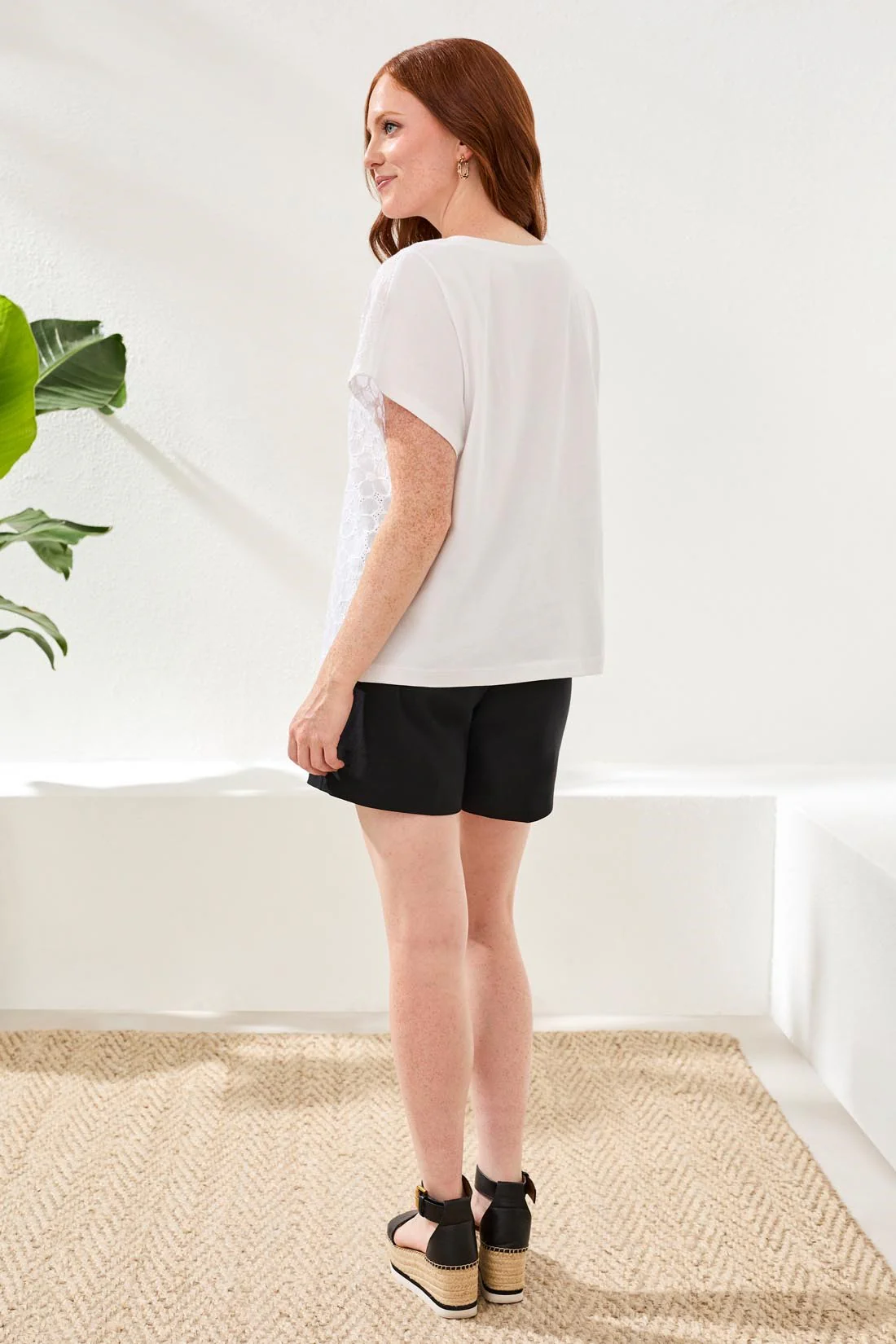 Textured Cotton Cap Sleeve Crew Top-White - Image 2