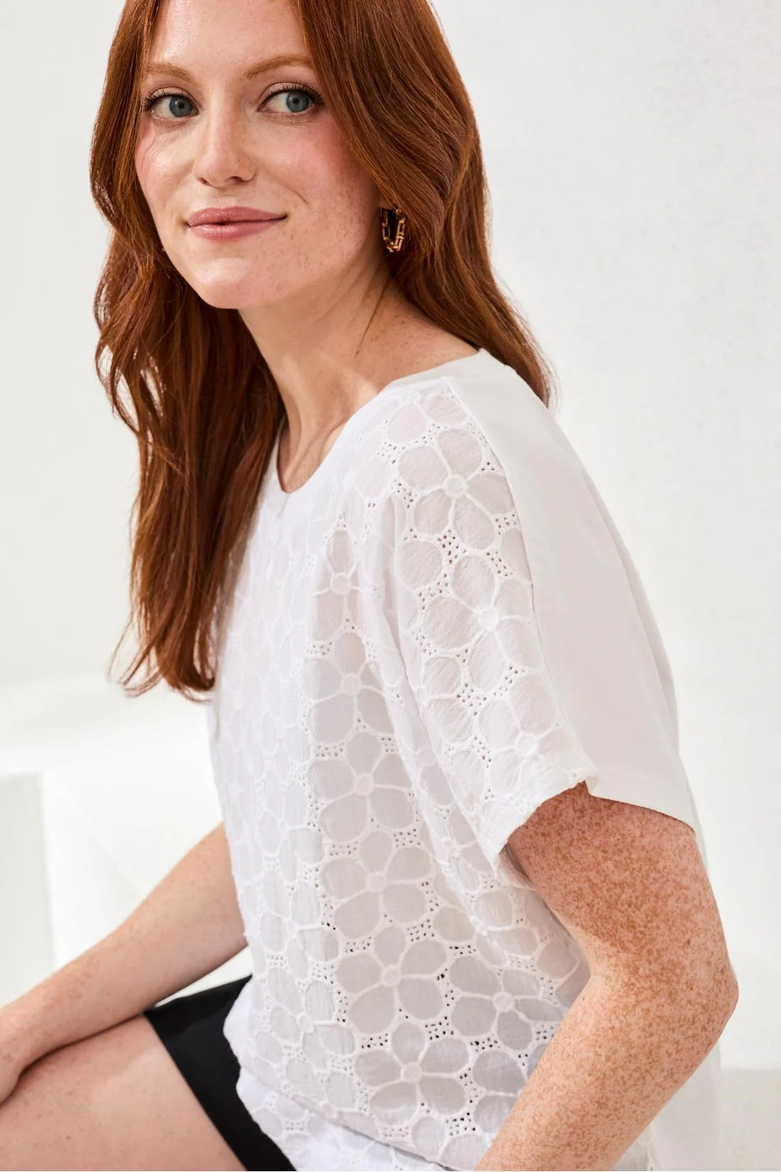 Textured Cotton Cap Sleeve Crew Top-White - Image 3