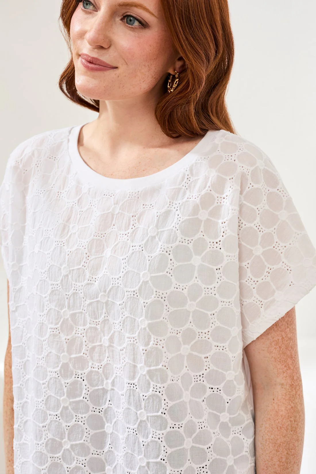 Textured Cotton Cap Sleeve Crew Top-White - Image 4
