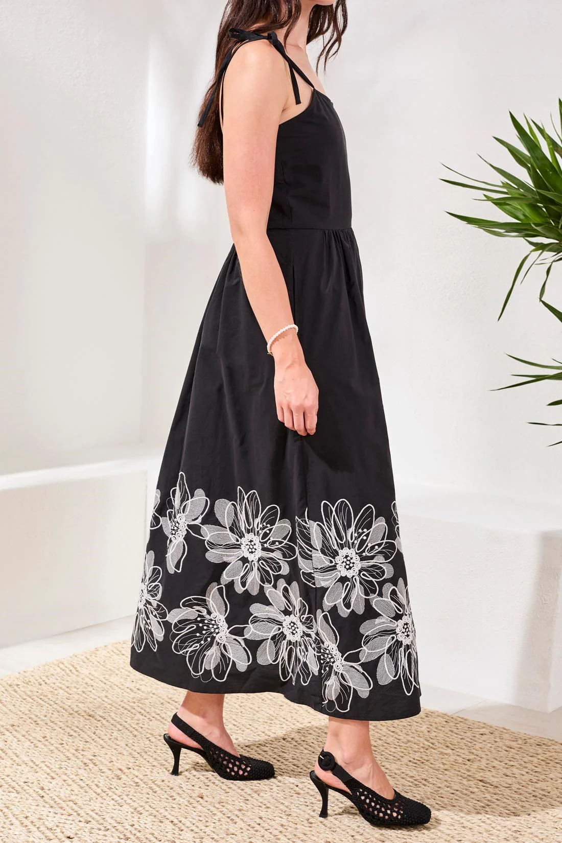 Poplin Midi Dress With Embroidered Hem and Tie Straps-Black - Image 2