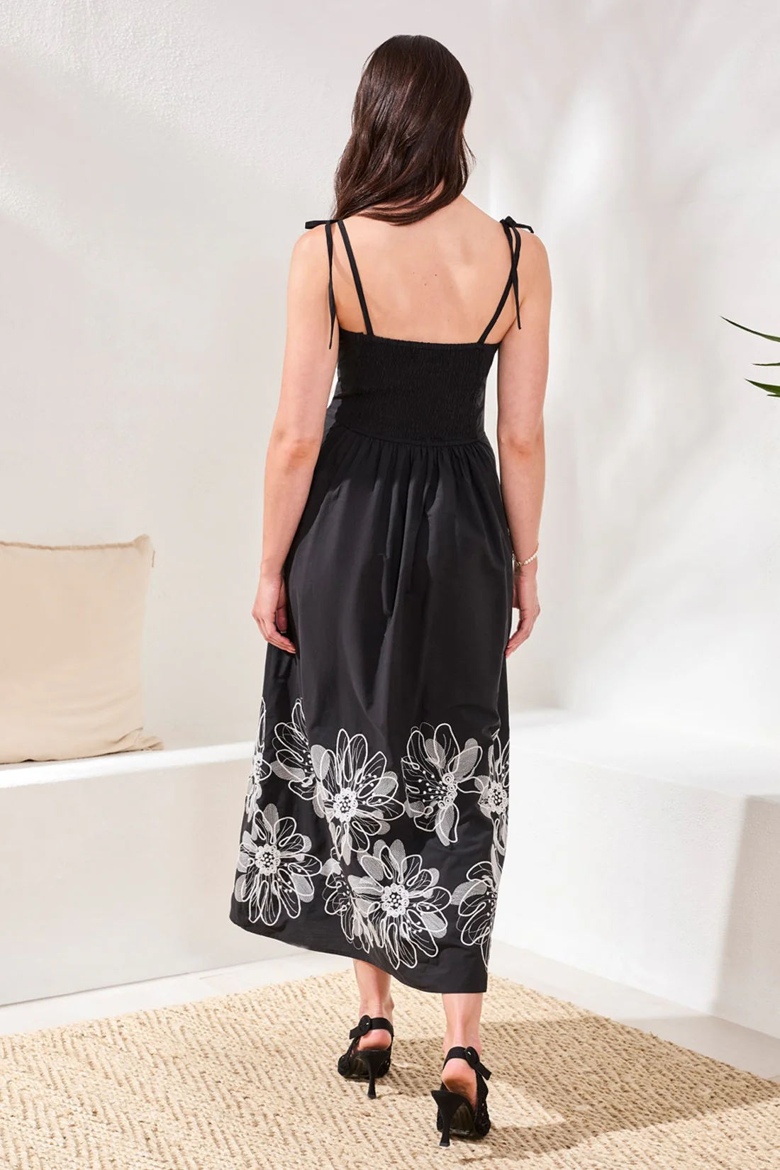 Poplin Midi Dress With Embroidered Hem and Tie Straps-Black - Image 3