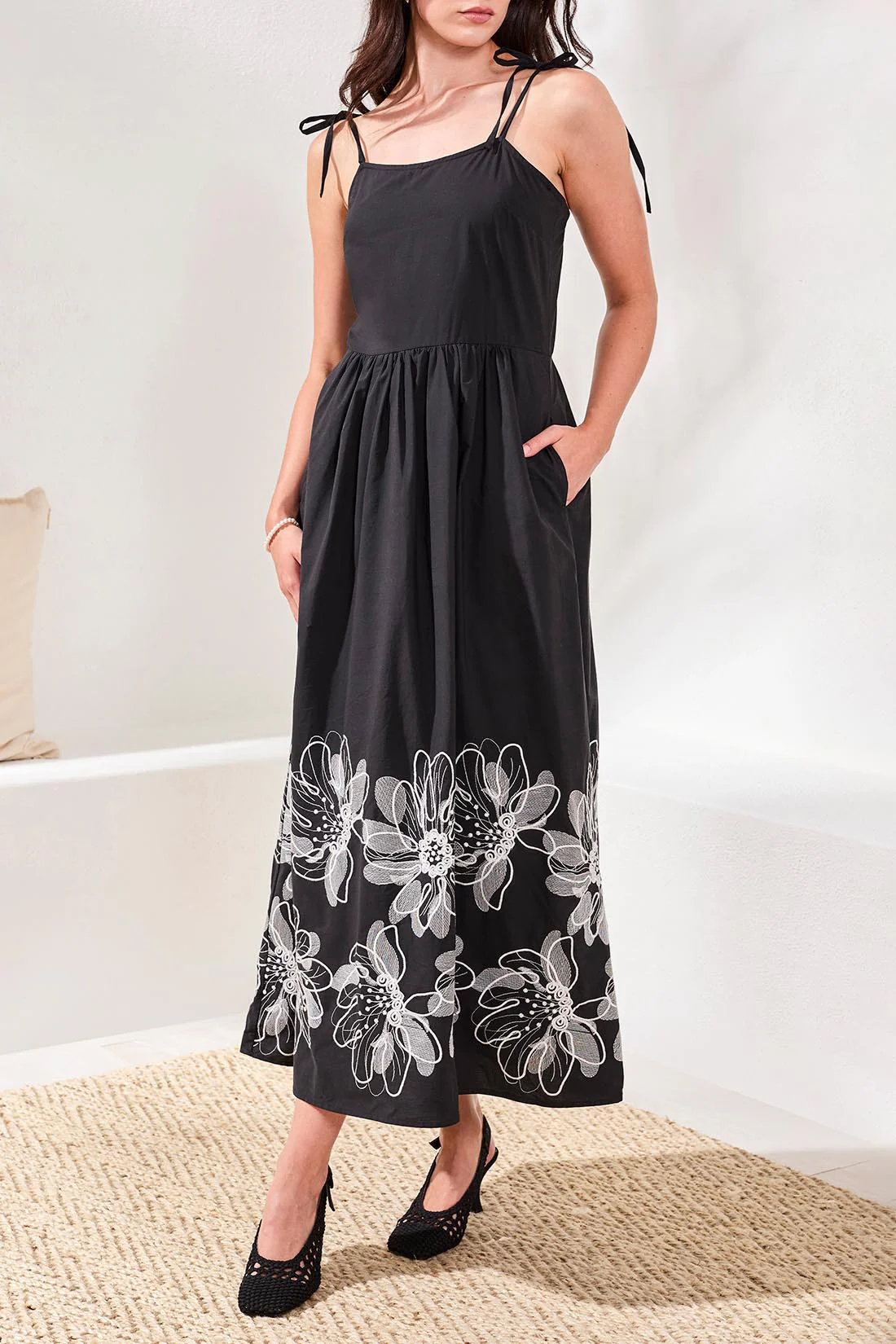 Poplin Midi Dress With Embroidered Hem and Tie Straps-Black - Image 4