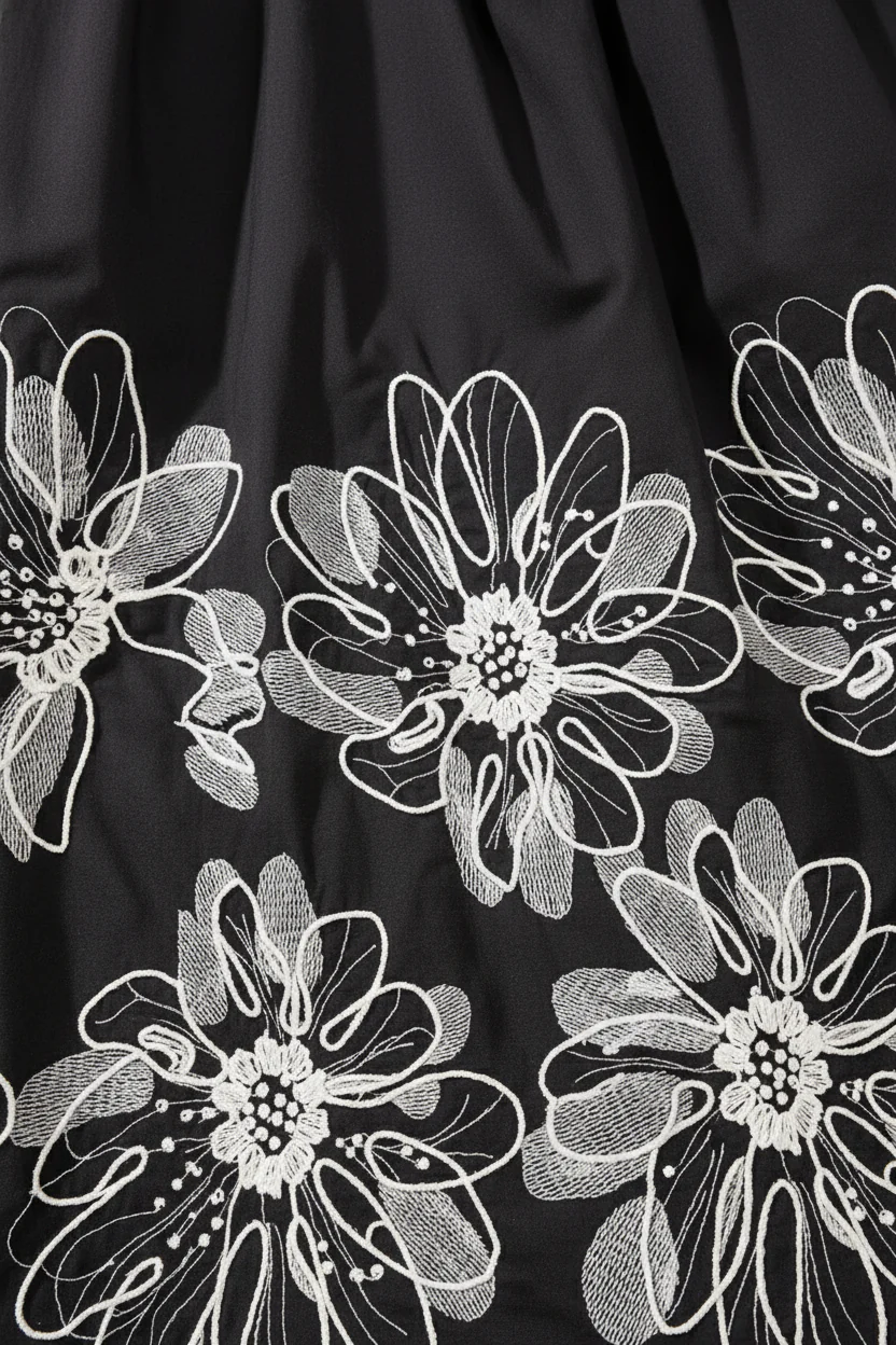Poplin Midi Dress With Embroidered Hem and Tie Straps-Black - Image 6