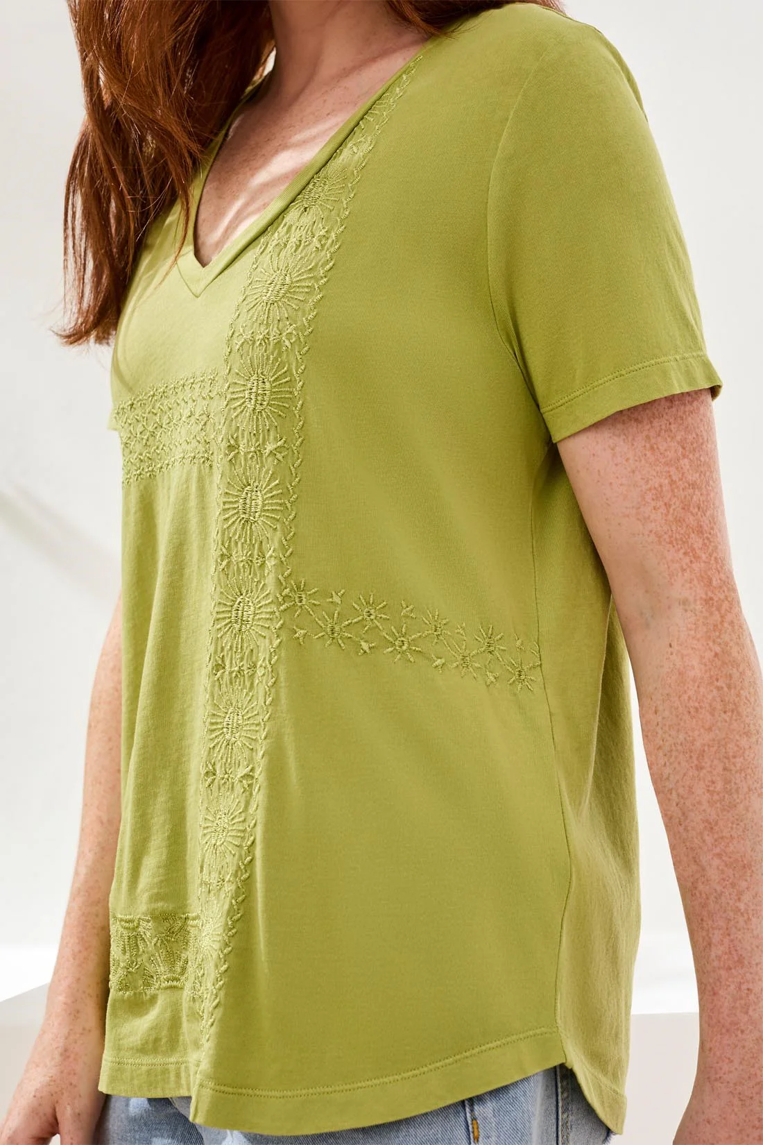 Embroidered V-Neck Top With Special Wash-Kiwizest - Image 4