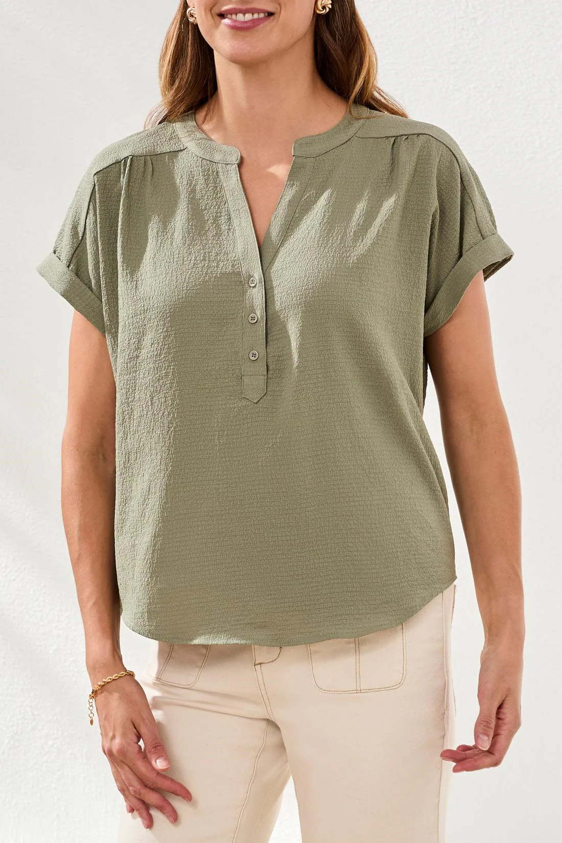 Button-Front Extended Cap Sleeve Blouse-Cactusclay - Image 3