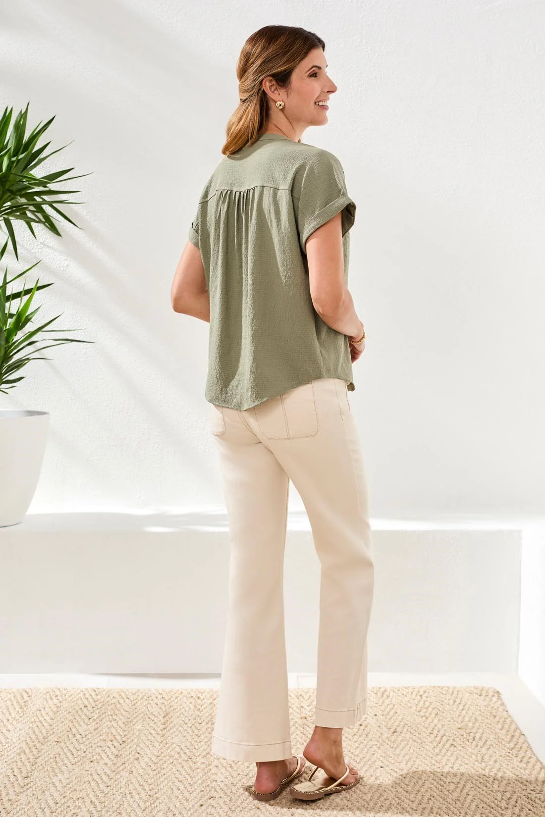 Button-Front Extended Cap Sleeve Blouse-Cactusclay - Image 4