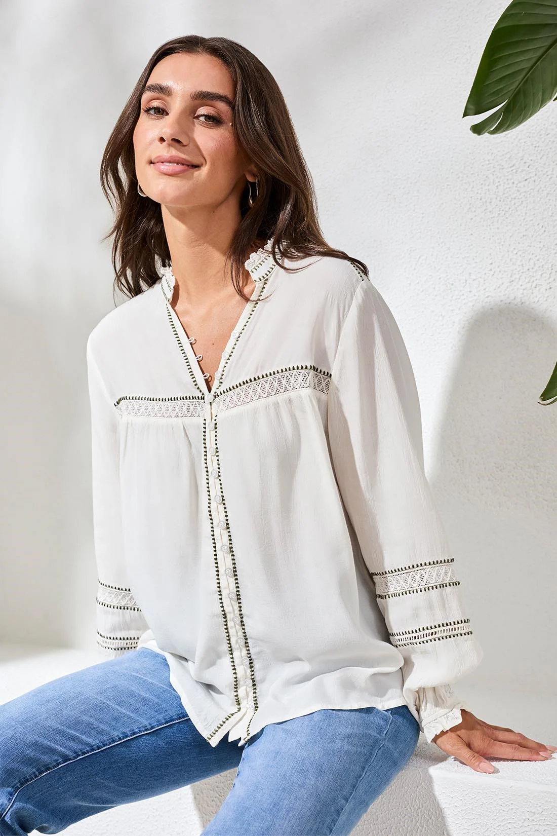 Eyelet Novelty Blouse With Delicate Button Details-Eggshell