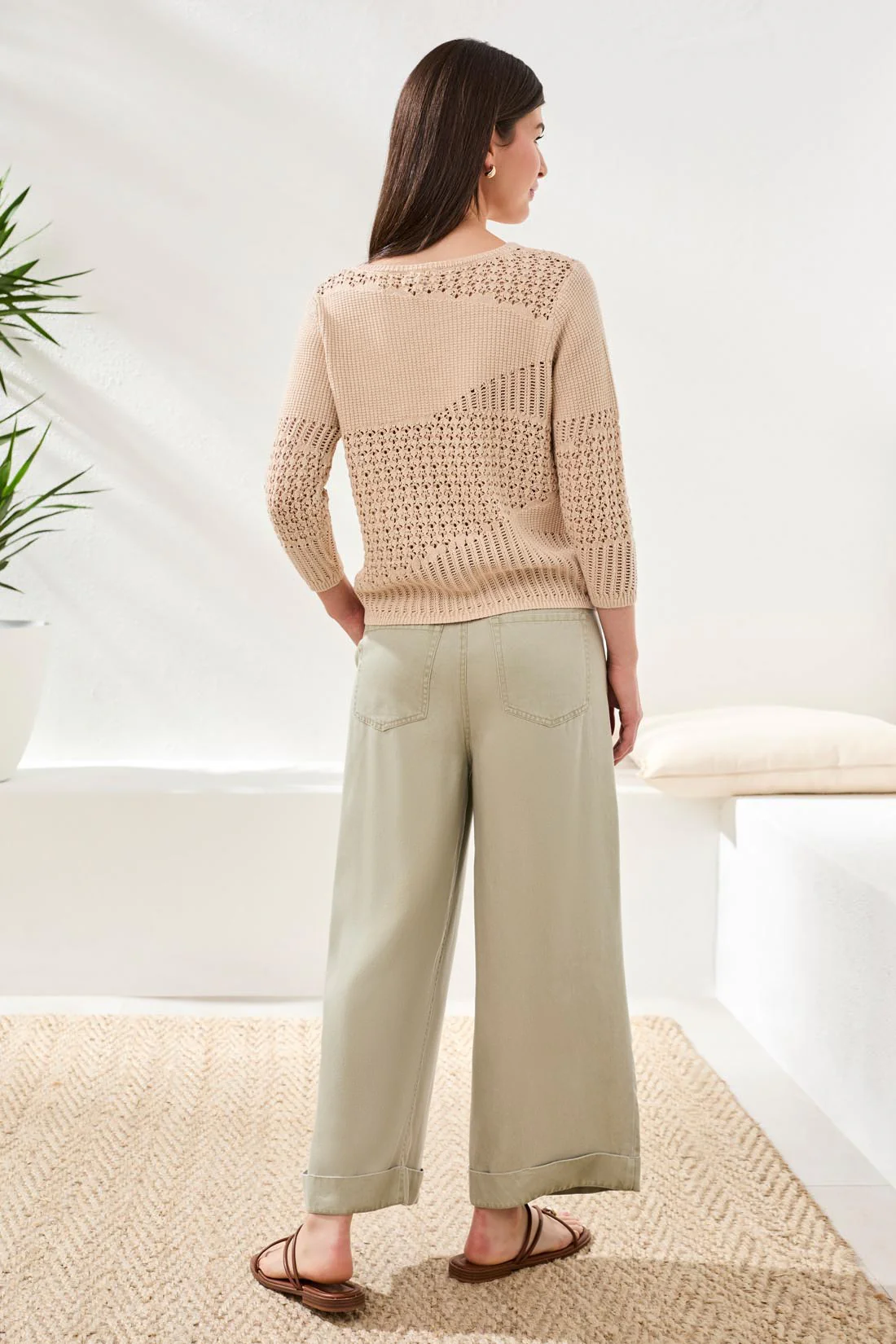 Novelty Crochet 3/4 Sleeve Knit Sweater-Cococream - Image 2